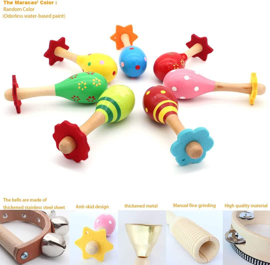 Wooden Musical Instruments Set for Children - Crafted from Safe and Friendly Natural Materials, designed to support Kid's Music Enlightenment. This Percussion Instrument Music Toys Kit is suitable for Preschool Education and includes a Storage Mesh Bag 