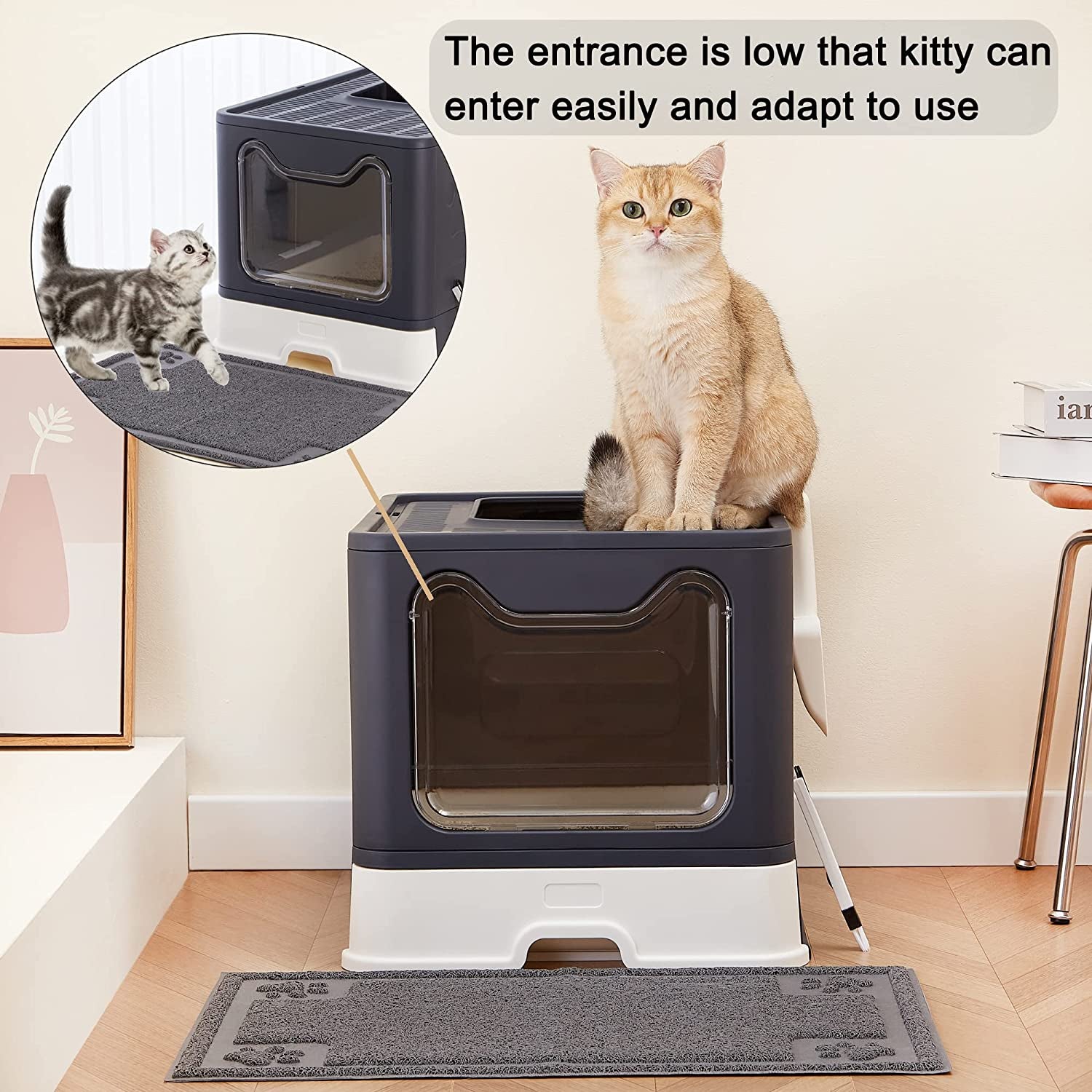  Foldable Cat Litter Box with Lid and Drawer, Large Top Entry  Litter Box with Cat Litter Scoop, Enclosed Kitty Litter Box - Easy Clean Low Tracking Cat Litter Pan (Black)