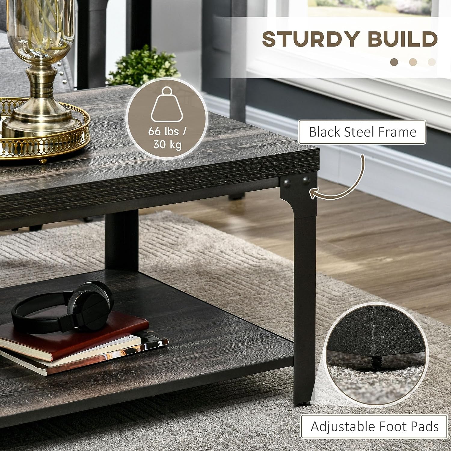 Rustic Coffee Table with Storage Shelf, 2-Tier Cocktail Table with Steel Frame and Thickened Top, for Living Room, Dark Walnut