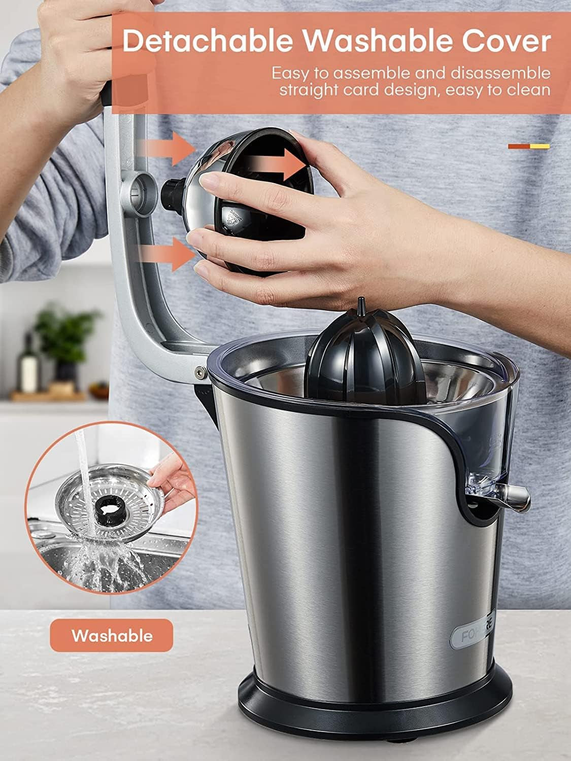 Compact Stainless Steel Electric Citrus Juicer - Citrus Press Juicer Squeezer with 2 Size Cones, Humanized Handle, Ideal for Oranges, Lemons, Grapefruits, and Limes.