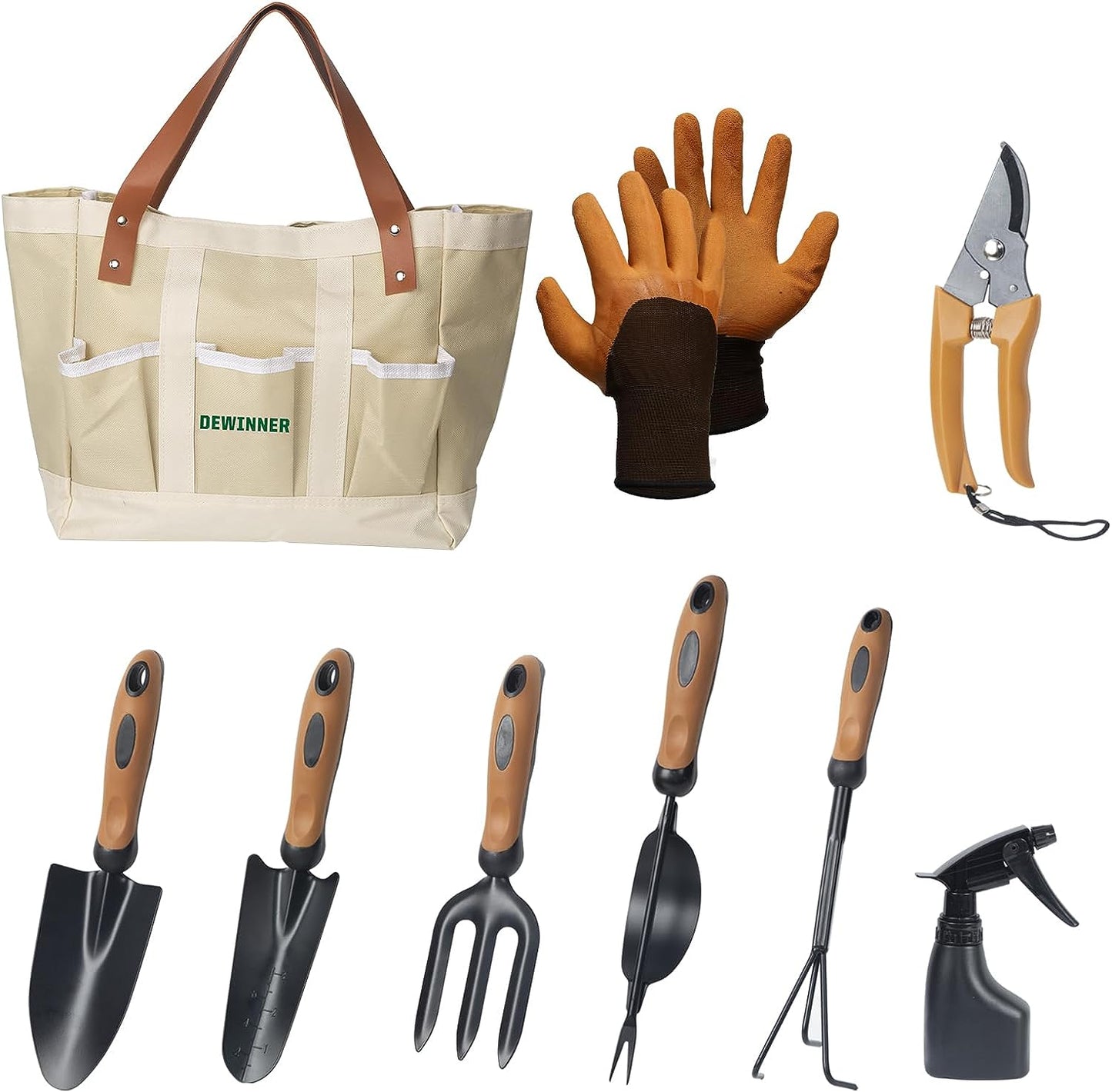 Complete 8-Piece Garden Tool Set: Includes Heavy-Duty Gardening Tools such as Pruner, Trowel, Hand Weeder, Rakes, Weeding Fork, Watering Pot, Gloves, and Tote Bag