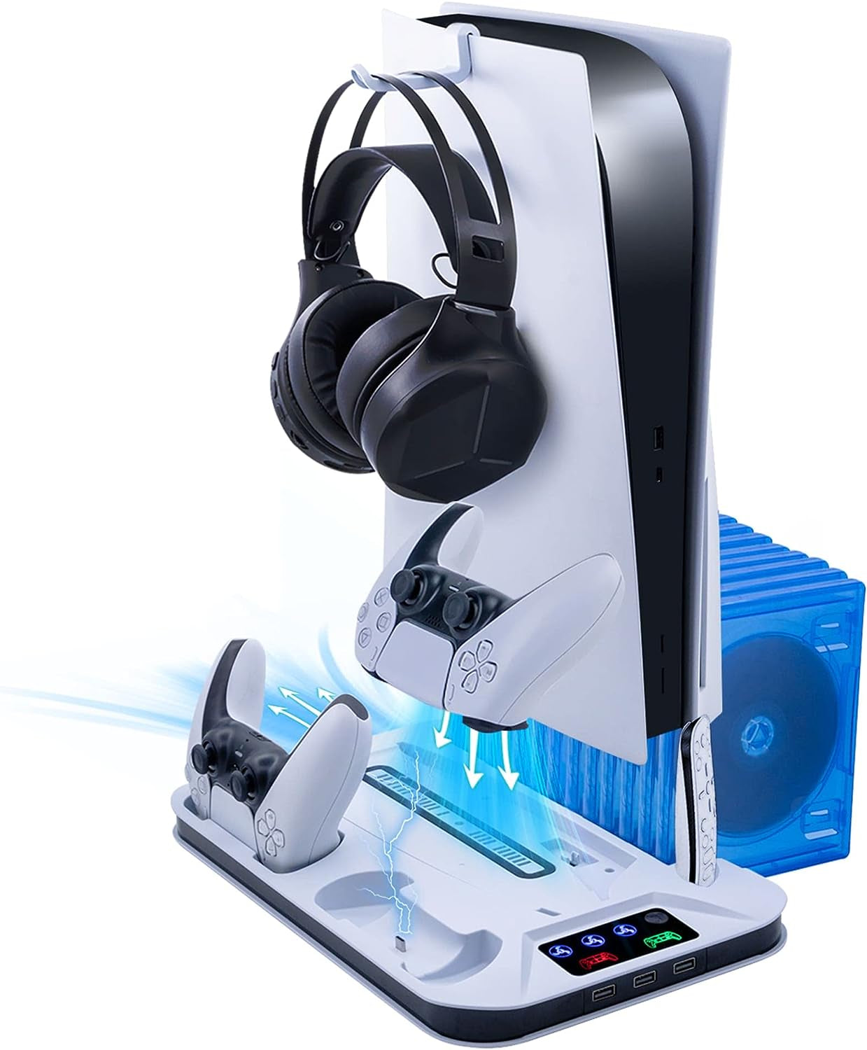 PS5 Cooling Stand with 3-Level Speeds Cooling Fan, Game Storage, Dual Controllers Charger, Headset Holder, and LED Indicators - White