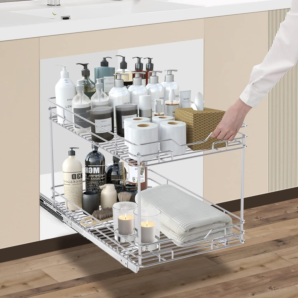 Under Sink Bathroom Organizer with 2-Tier Cabinet Organizers and Storage Basket Shelf for Kitchen - Chrome Finish, 21''Dx14''W