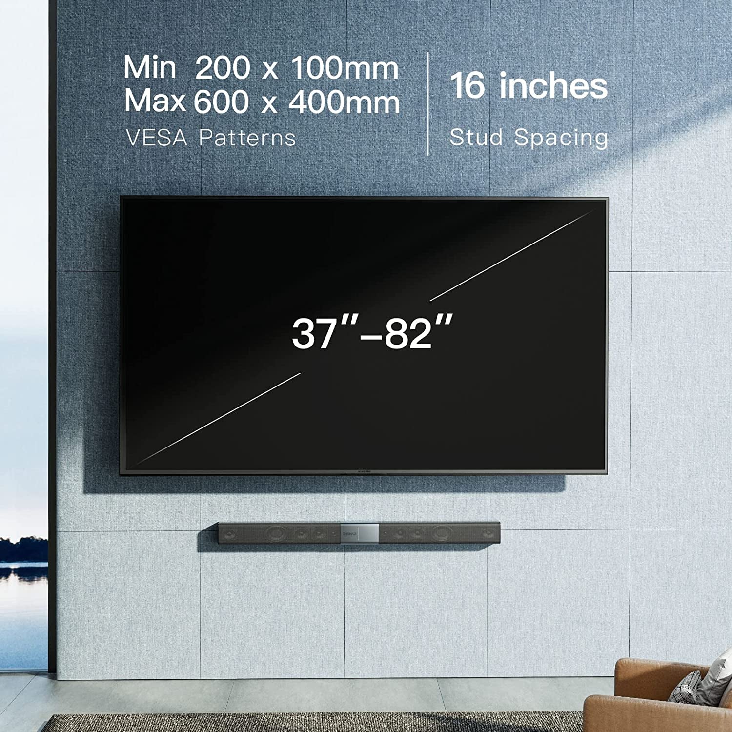 Adjustable TV Wall Mount for Flat Screen TVs, Sized 37-82 Inches and weighing up to 132 lbs, with Max VESA 600x400mm. This TV Mount Wall Bracket offers Dual Articulating Arms, Tilt, Swivel, Extension, and is compatible with 8", 12", and 16" Wood Studs.