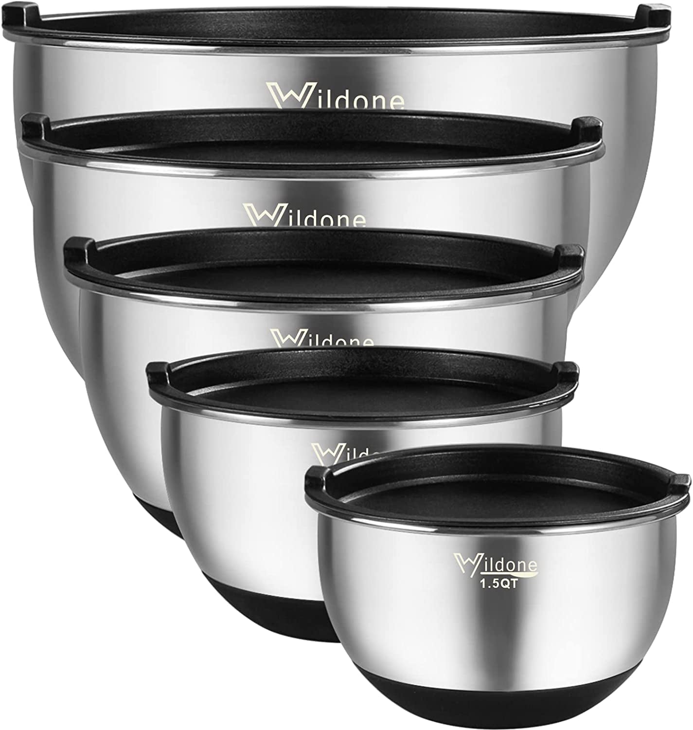 Stainless Steel Mixing Bowls Set of 5 with Lids, Measurement Lines, Silicone Bottoms, Non-Slip & Stackable Design - Sizes 8, 5, 3, 2, 1.5 QT - Ideal for Mixing and Prepping