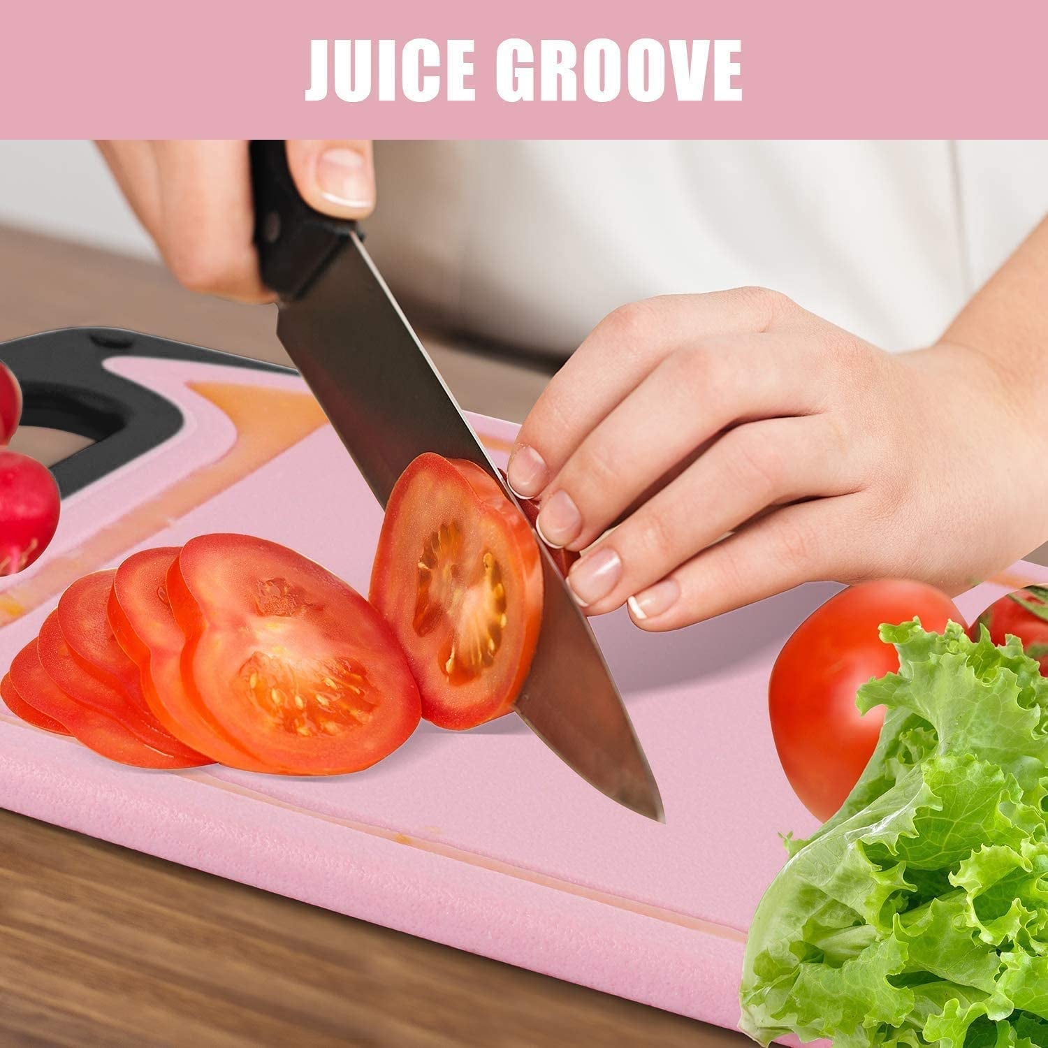  3-Piece Kitchen Cutting Board Set - Durable Plastic Chopping Boards with Juice Grooves, BPA-Free, and Dishwasher Safe - Pink