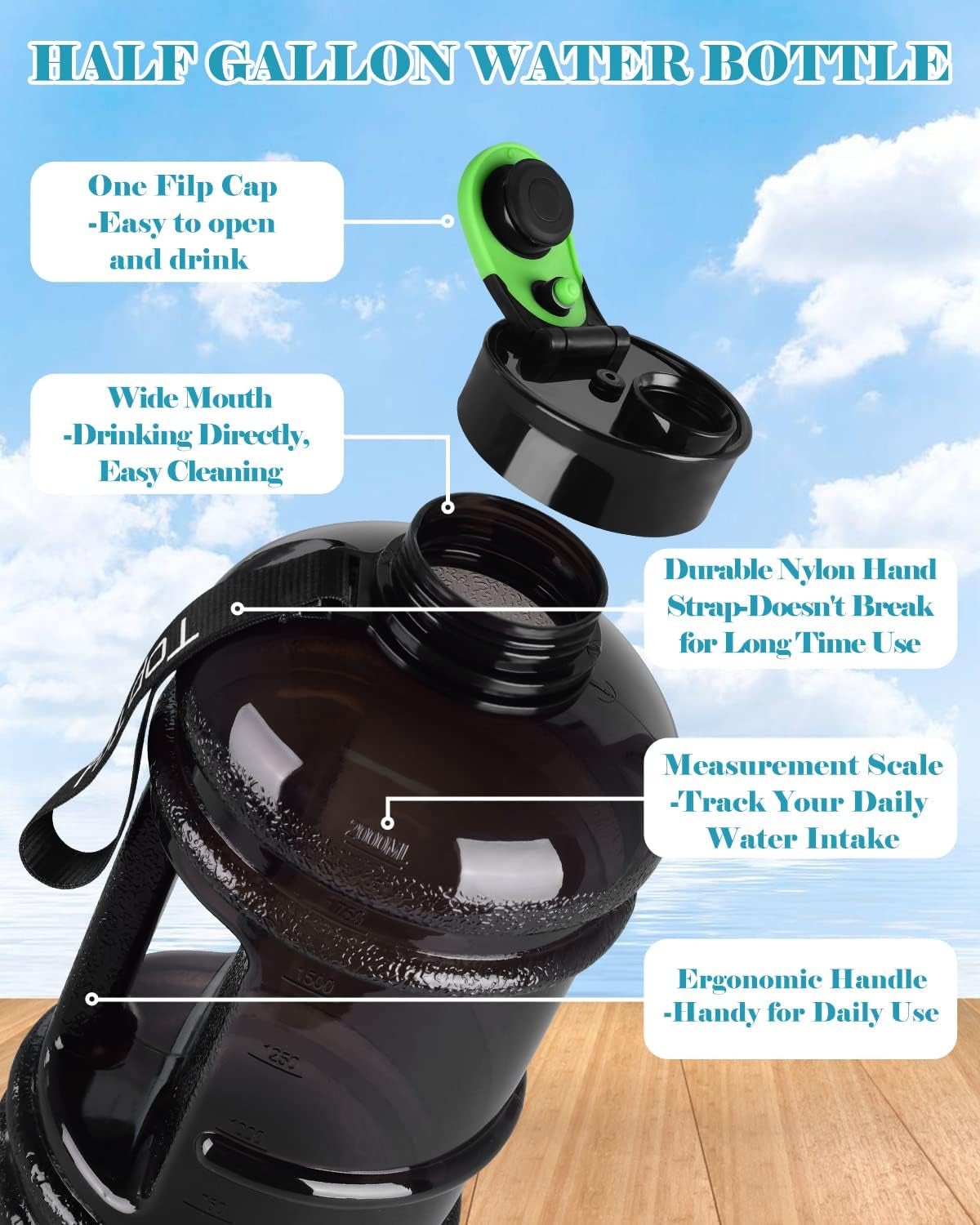 Large Capacity Sports Water Jug with Handle and Strap: 2.2L Half Gallon Water Bottle, Leak-Proof, Perfect for Workout, Camping, and Cycling