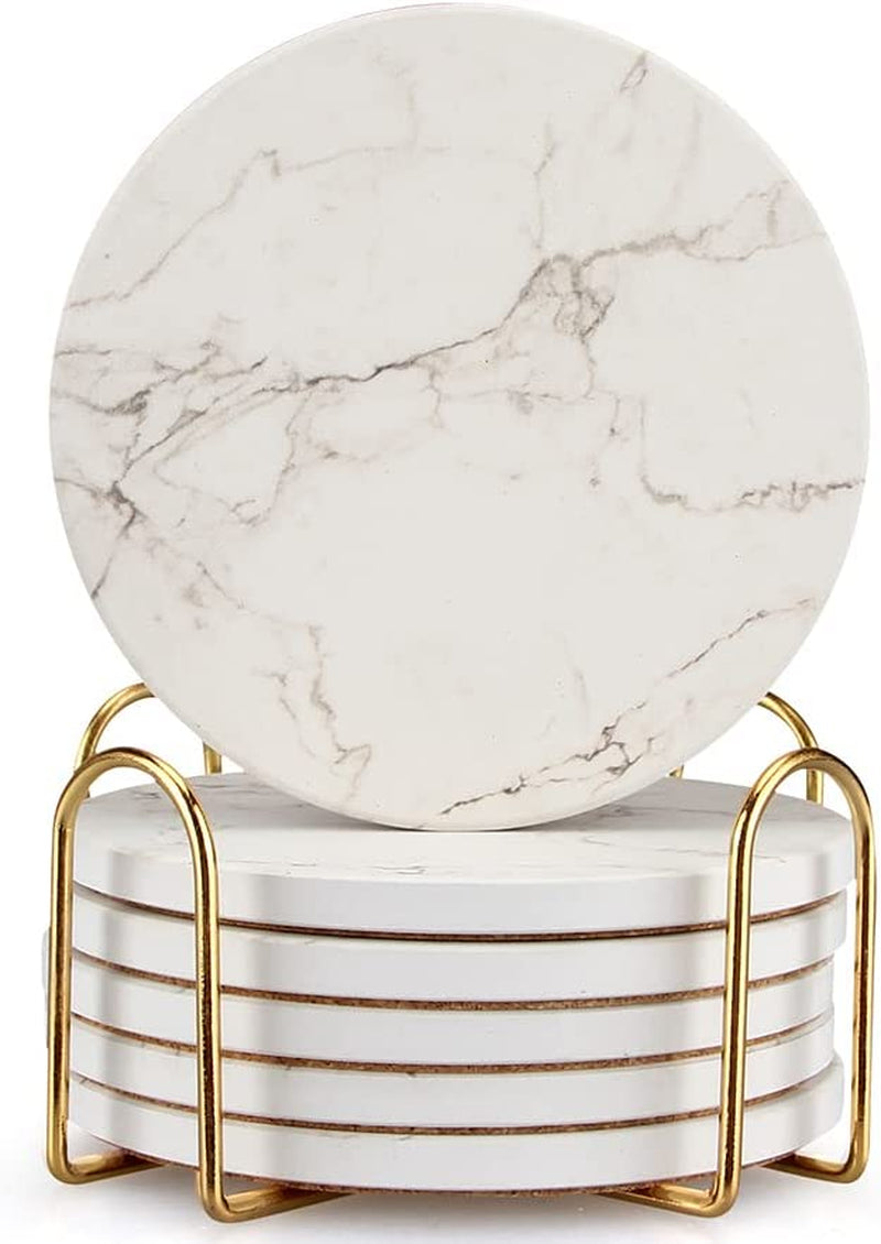 Set of 6 White Marble Coasters with Holder - Highly Absorbent Ceramic Drink Coasters, Perfect for Bars and Tables. These Modern Coasters make for a Cute and Practical Gift.