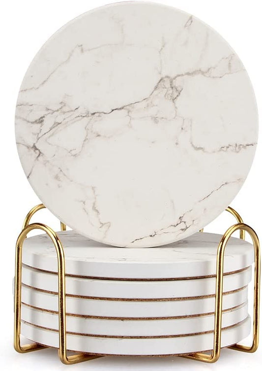 Set of 6 White Marble Coasters with Holder - Highly Absorbent Ceramic Drink Coasters, Perfect for Bars and Tables. These Modern Coasters make for a Cute and Practical Gift.
