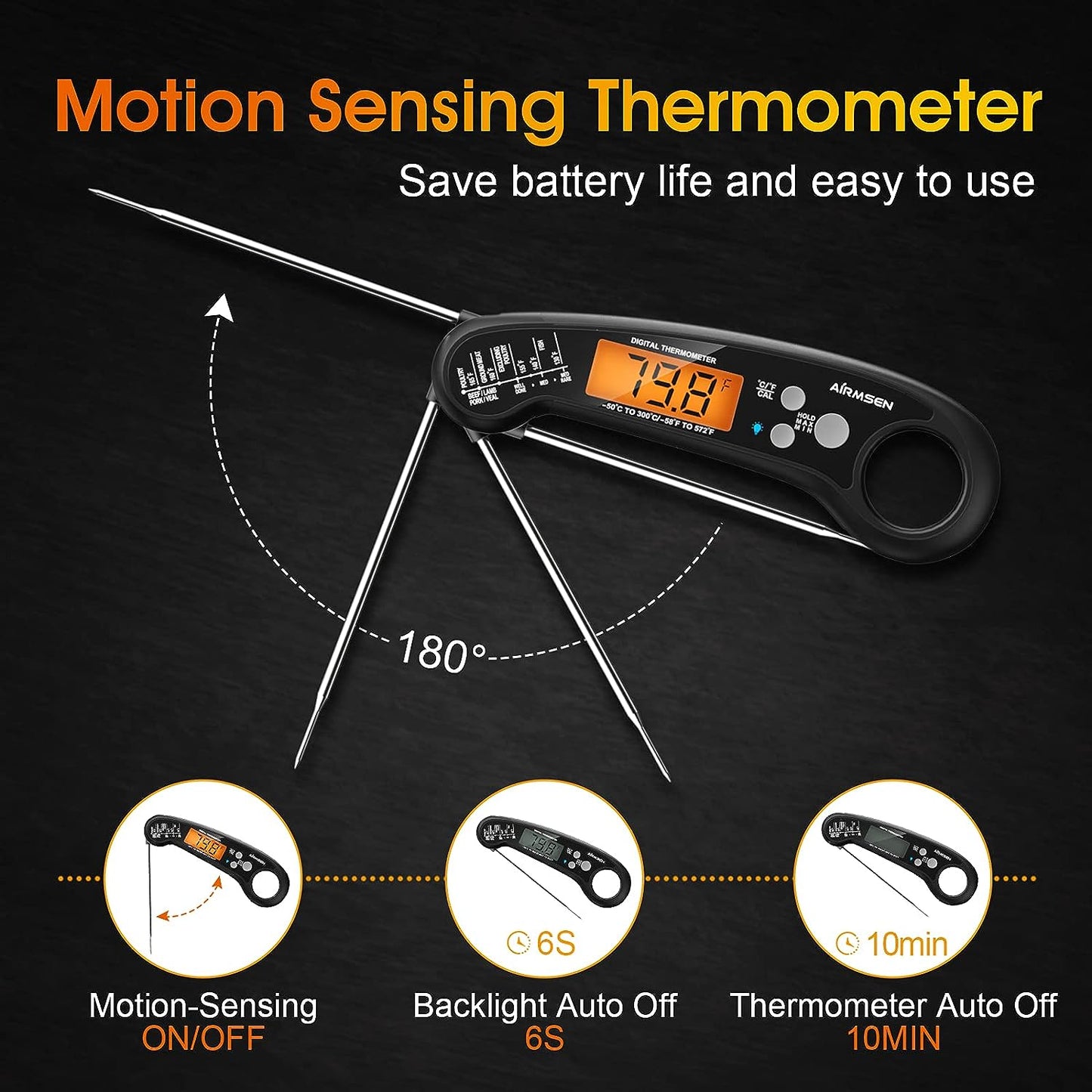 Digital Instant Read Meat Thermometer - Designed for Grill, Cooking, and More - Offers Fast and Precise Temperature Reading - IP67 Waterproof - Backlight and Calibration - Suitable for Kitchen, Oil Deep Fry, BBQ, and Candy 