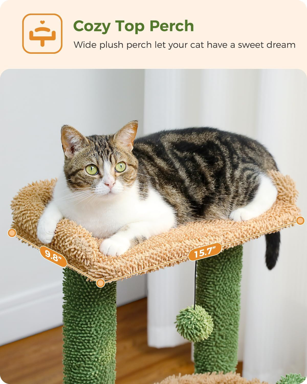 4-in-1 Cactus Cat Tree: A Spacious and Comfortable Cat Tower for Indoor Cats with a Large Condo, Scratching Post, Hammock, and Cozy Top Perch in Green Color - 33''=84CM