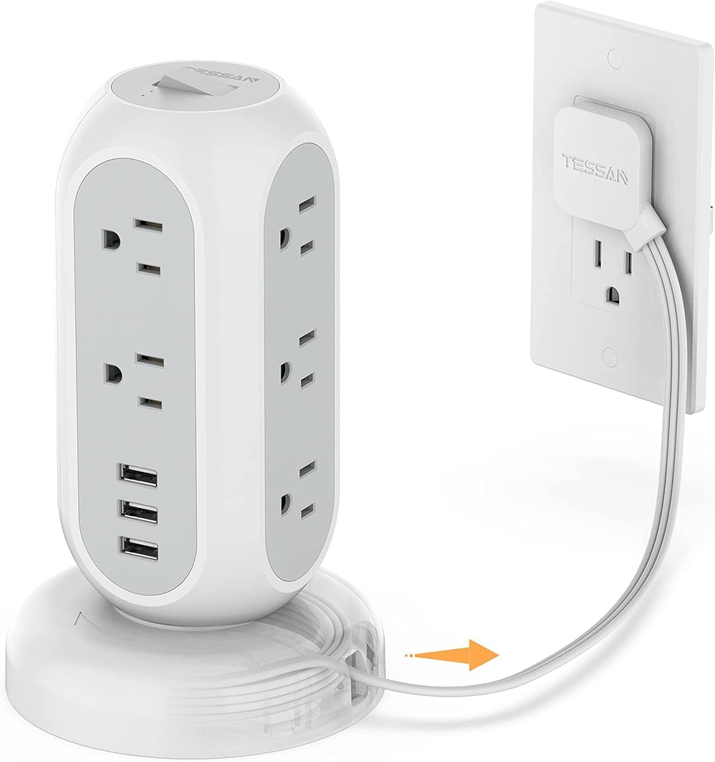 Retractable Flat Plug Power Bar Tower with 11 Outlets, 3 USB Ports, and Surge Protection - 5 Feet Indoor Flat Extension Cord for Home Office, Desk Accessories, and Dorm Essentials