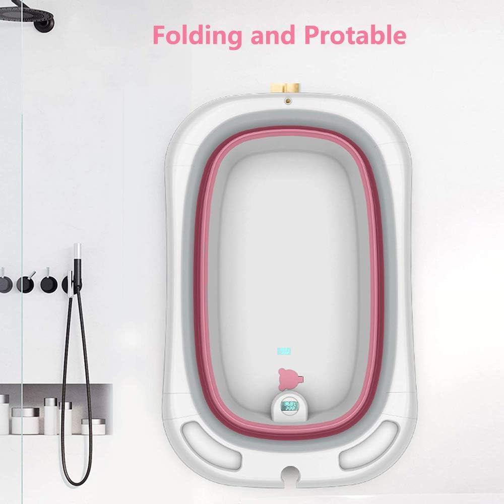 Collapsible Portable Baby Bathtub - Folding Toddler Bath tub Intelligent Temperature with Bath Cushion for Newborn Infant Toddler Baby - Pink