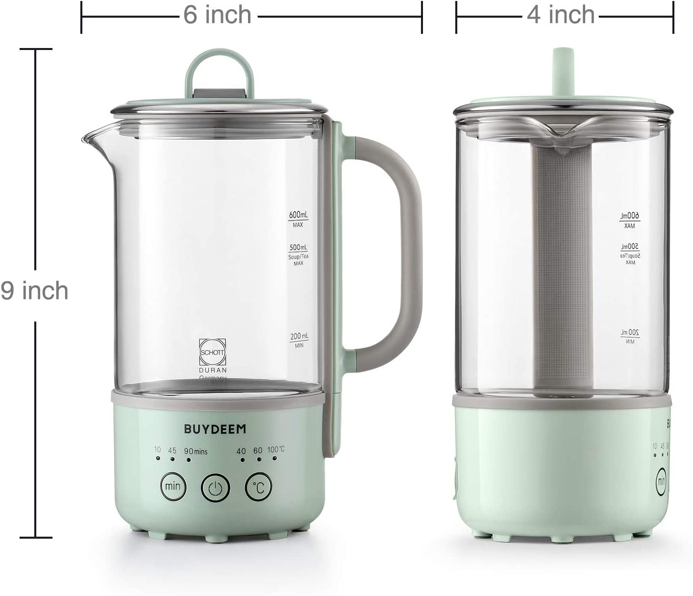 Travel Electric Kettle - Mini Healthy-Care Beverage Kettle - Designed with German Schott Glass and Durable Pro 18/10 Stainless Steel - Capacity: 0.6L - Color: Cozy Greenish.
