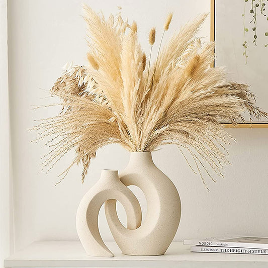 Set of 2 Ceramic Round Vases - Perfect for Pampas Grass and Dry Flowers. These Minimalist Vases add Decorative Elegance to Tables in the Living Room, Bedroom, Dining Room, Office, and more.