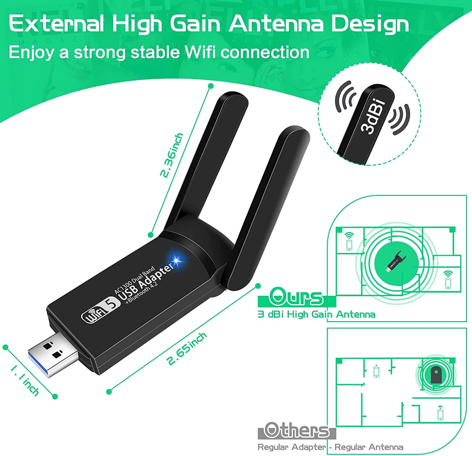 Dual-Band USB WiFi Bluetooth Adapter: Achieve Speeds of up to 1300Mbps on 2.4GHz and 5GHz Frequencies. This Compact Wireless Network External Receiver serves as a Mini WiFi Dongle for PC, Laptop, and Desktop Devices.