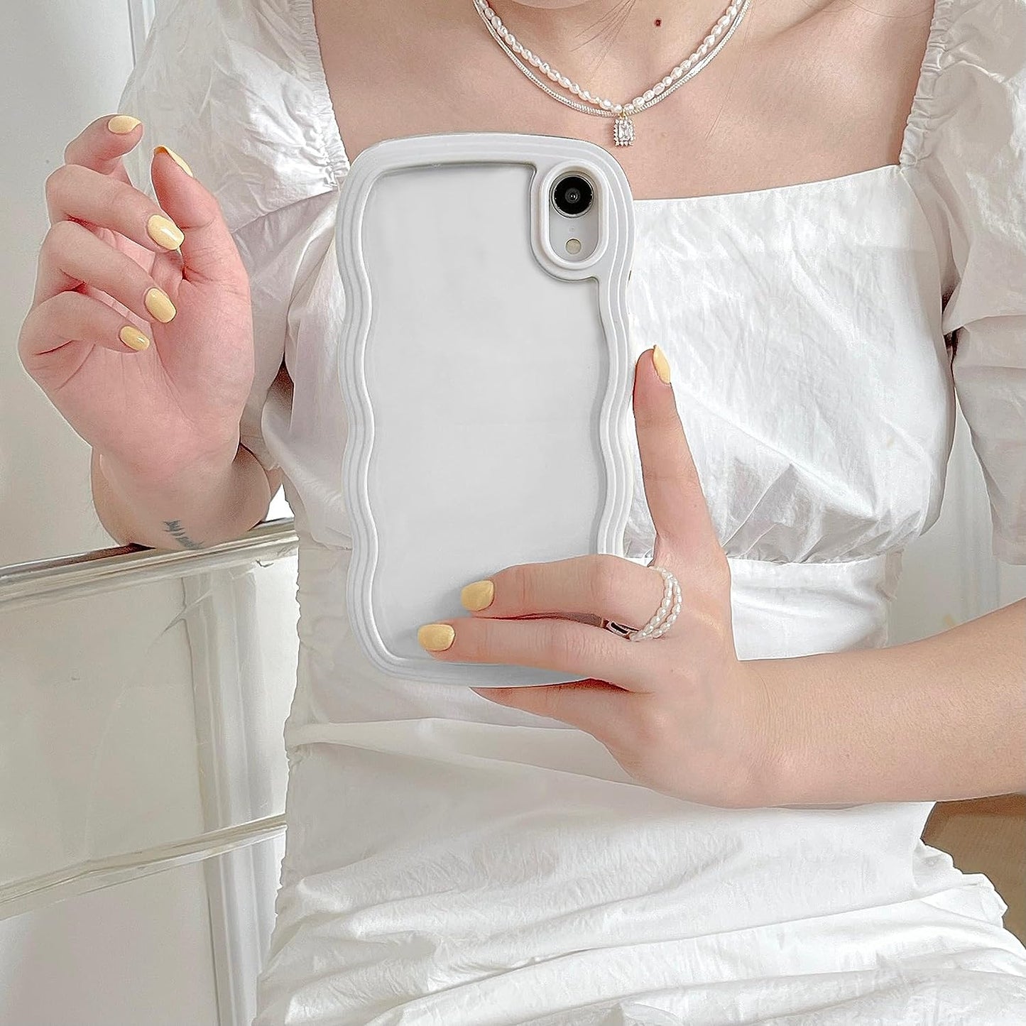 iPhone XR Wave Frame Clear Phone Case - Slim Fit, Shockproof, Translucent Bumper, Anti-Scratch TPU Case in White.