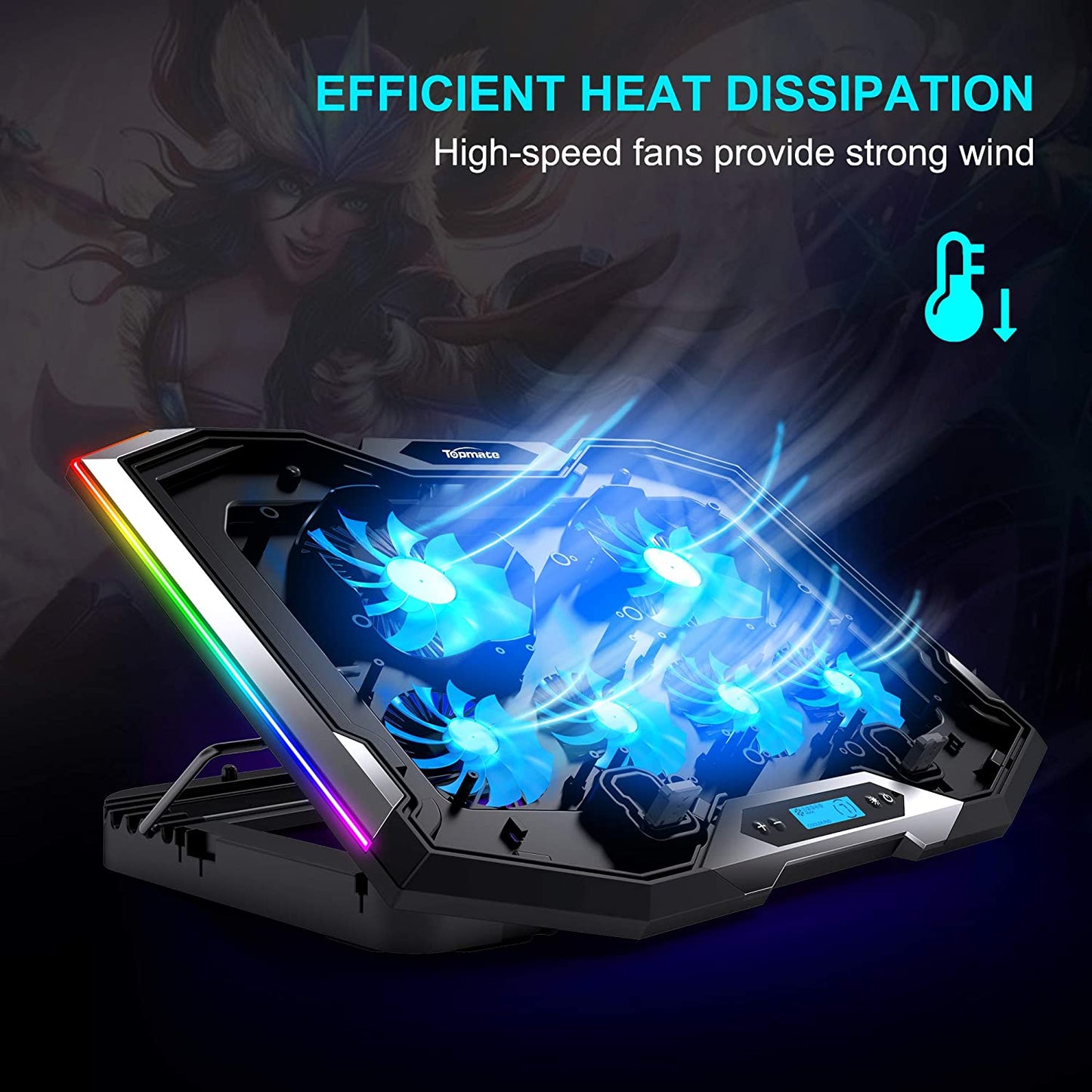 RGB Gaming Laptop Cooling Pad: Keep Your Notebook Cool with Adjustable Height, 6 Quiet Fans, and a Phone Holder. The Computer Chill Mat is Designed for 15.6-17.3 Inch Laptops, with Blue LED Light to Add a Stylish Touch.