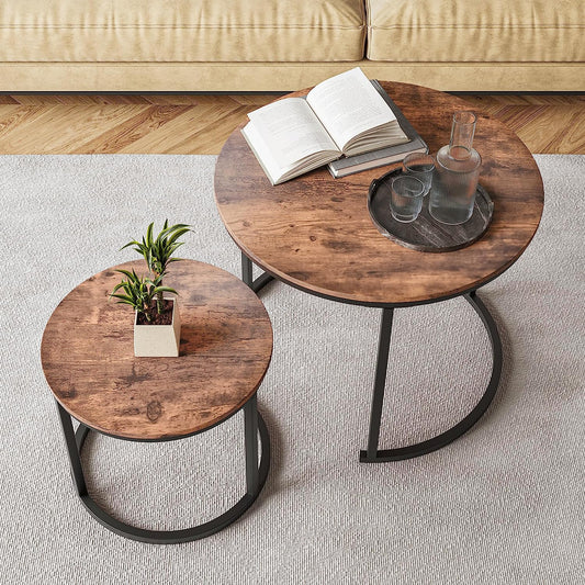 Round Coffee Table Set of 2 for Living Room,Black Small Coffee Table Living Room Table,Nesting Tables Metal Frame/Wood Look,Sturdy/Easy Assembly,Stacking Side Tables Bedroom,Rustic Brown