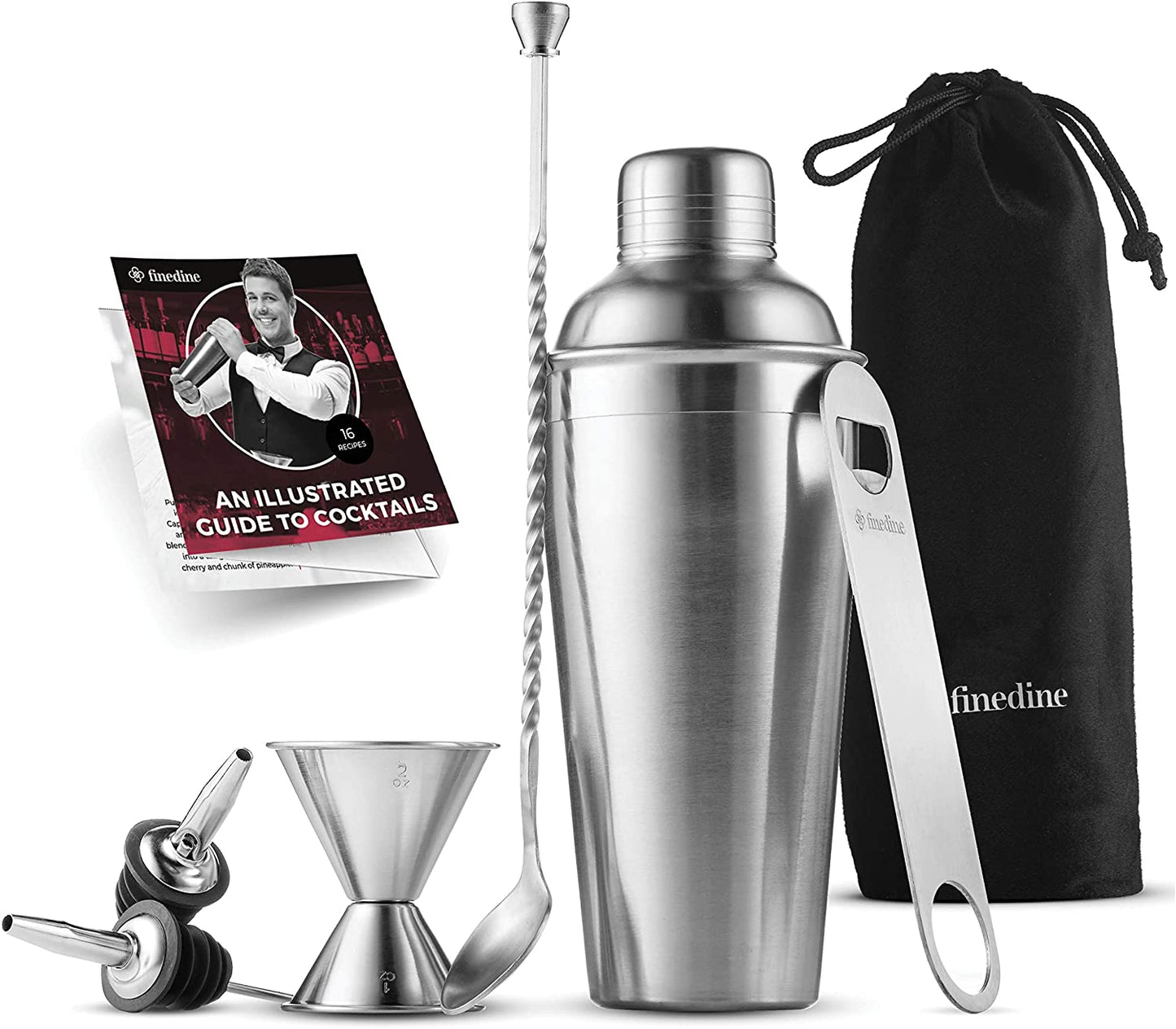 Complete 7-Piece Stainless Steel Cocktail Shaker Set: Bartender Kit with All Bar Accessories, Including Cocktail Strainer, Double Jigger, Bar Spoon, Bottle Opener, and Pour Spouts