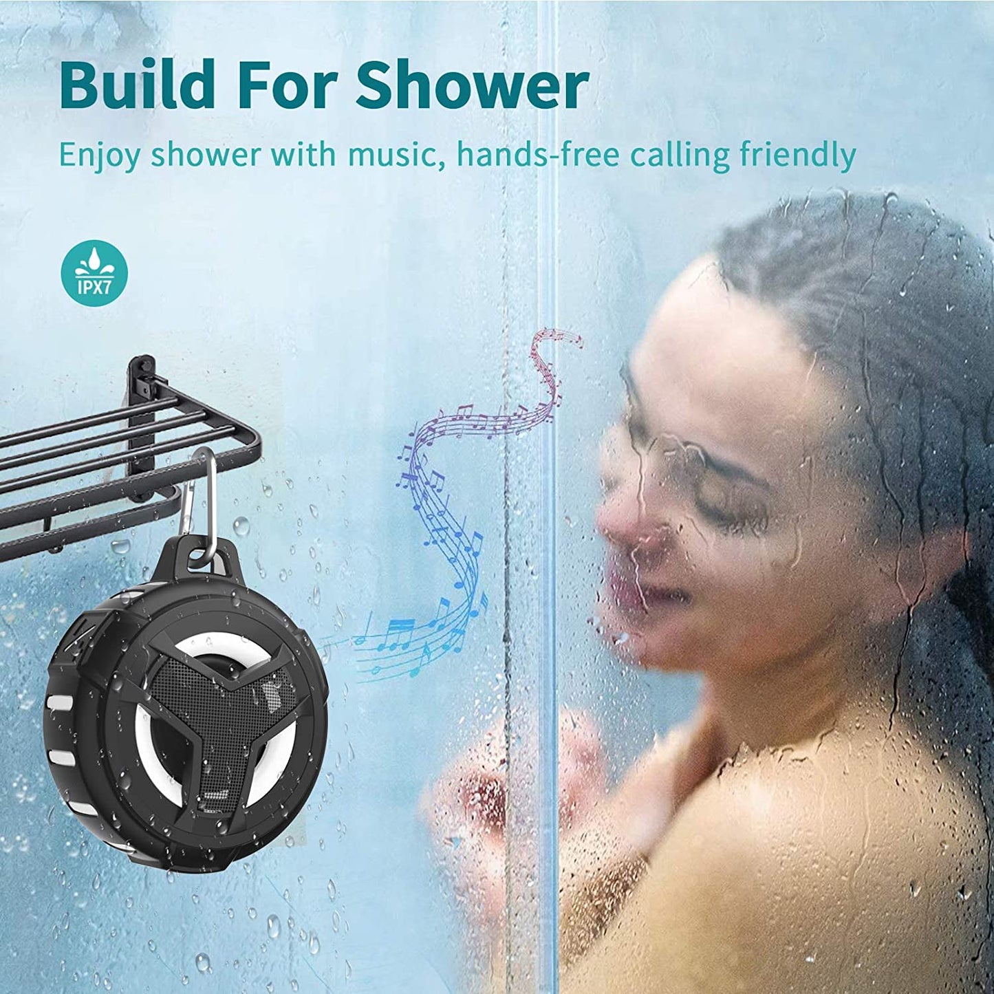 Bluetooth Shower Speaker: Portable and IP67 Waterproof Outdoor Speaker with LED Light. It's Floating and True Wireless Stereo, featuring a 2000mAh battery. Perfect for Pool, Kayak, Bike, Golf, and Gifts. Color: Black.