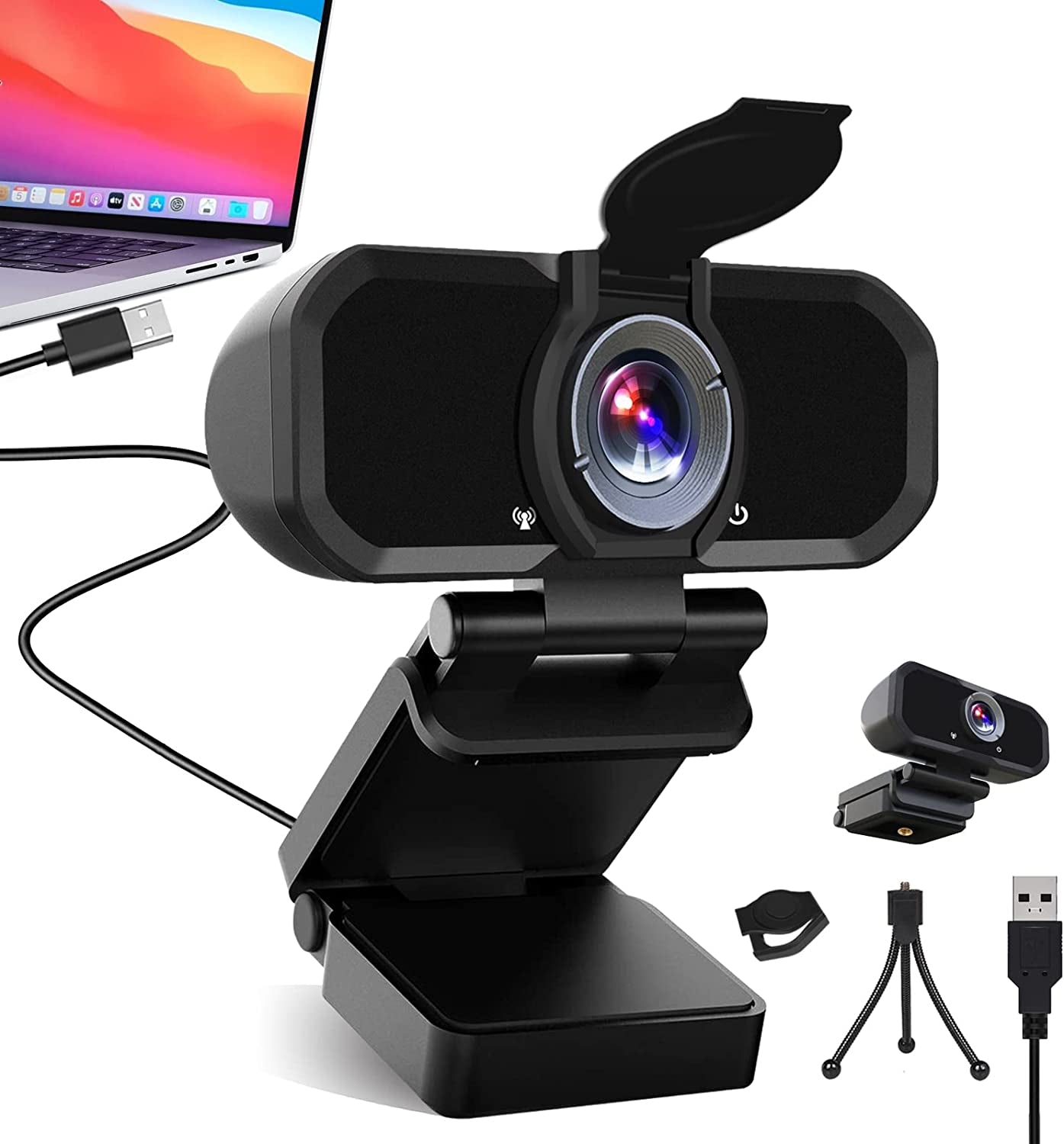 HD USB Webcam with Microphone & Privacy Cover - 1080P Resolution - 110 Degree Wide Angle - Plug and Play - Desktop PC Laptop Computer Web Camera for MAC - Ideal for Zoom Video Conferences, Skype, and YouTube Streaming