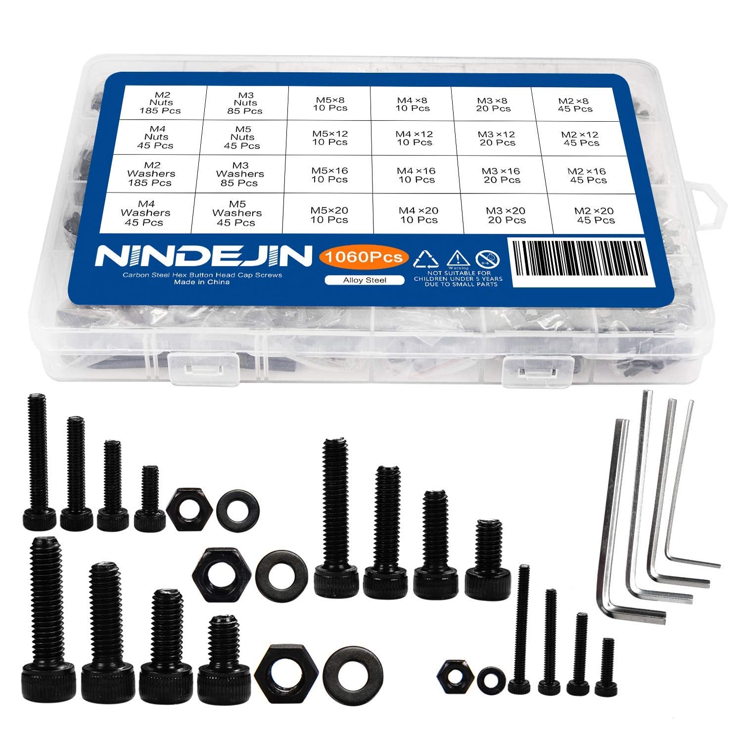 Alloy and Carbon Steel Screws Assortment Kit: 1060pcs of M2, M3, M4, and M5 Hex Socket Cap Screws and Nuts