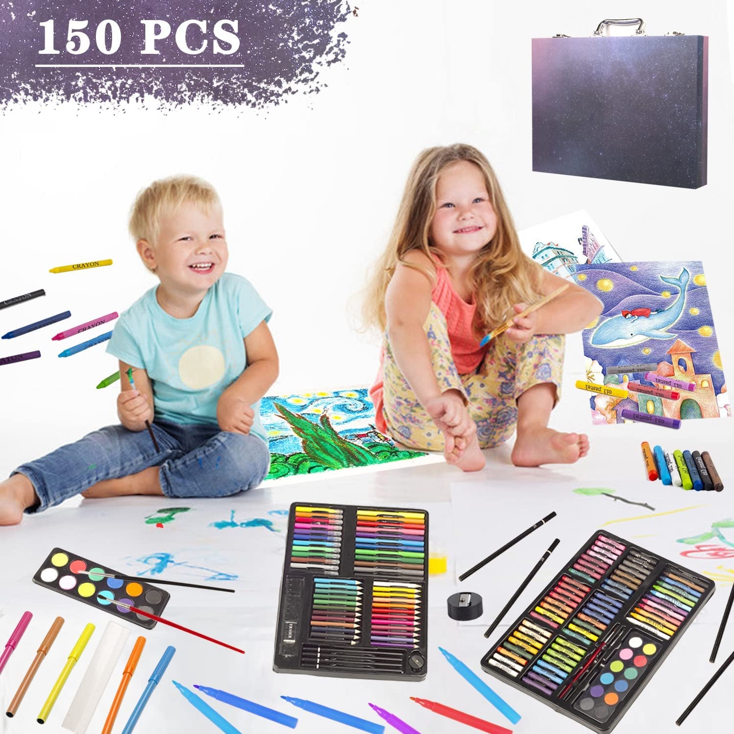 150-Piece Art Bundle with 2 Sketch Books - Complete Colouring and Drawing Kit with Wooden Art Supplies, Coloured Markers, Crayons, and Pencils for Aspiring Artists, Children, Teens, Boys, and Girls 