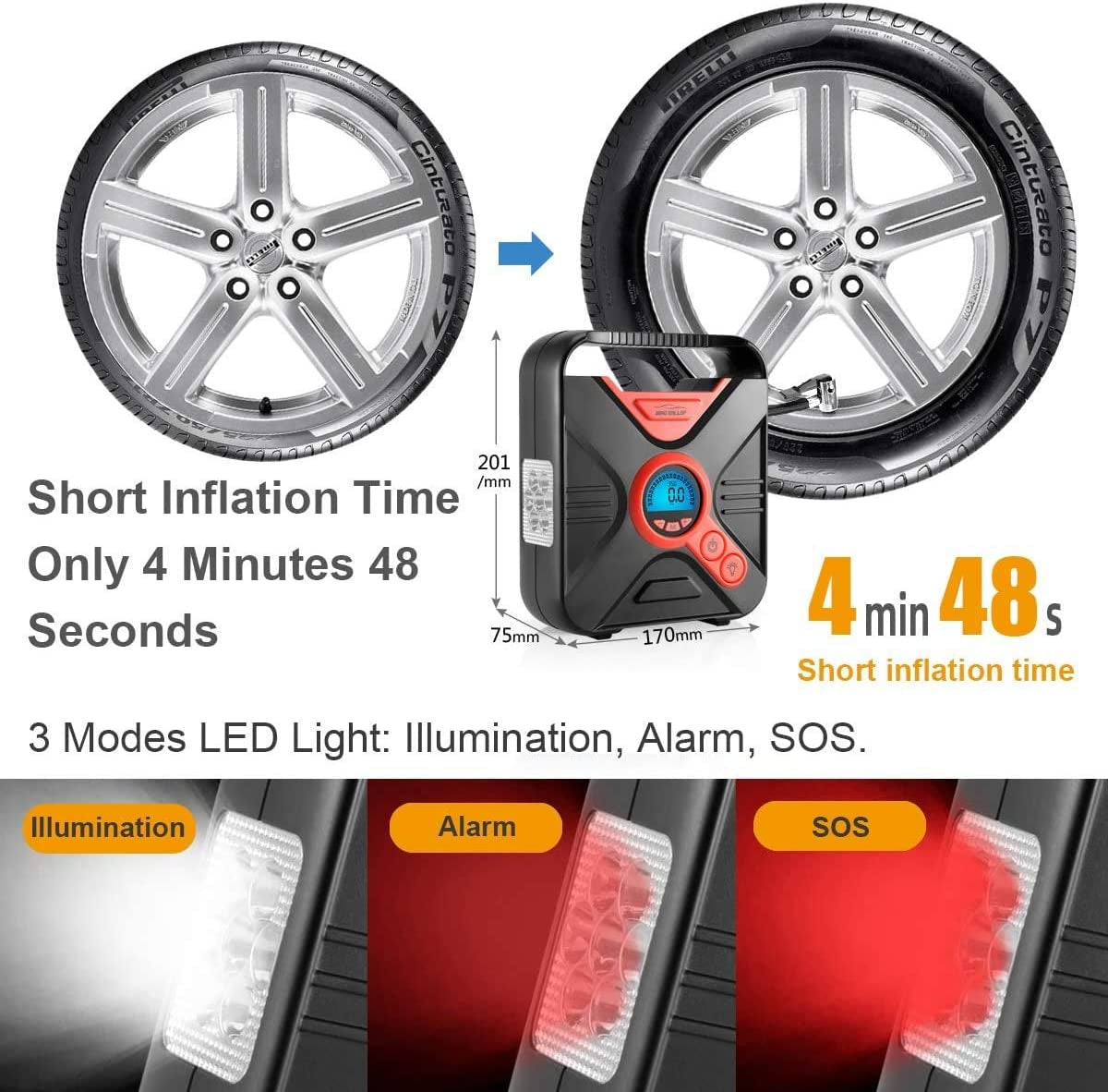  Portable Digital Car Tire Inflator - 12V Air Compressor for Car Tires with Pressure Gauge, LED Light, and Valve Adaptors - Suitable for Bike, Automobile, Basketball, and Pool Toys - Red