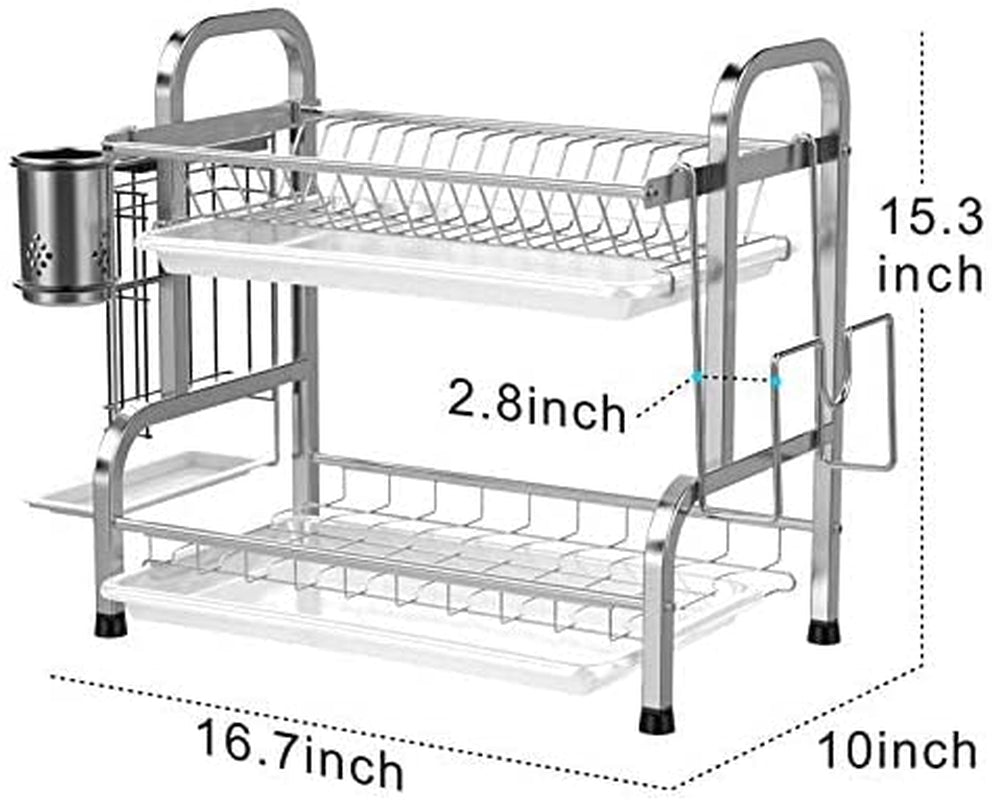 2 Tier Dish Drying Rack - Constructed from 304 Stainless Steel, Includes Drain Board, Utensil Holder, and Cutting Board Holder, Non-Rust Dish Drainer for Kitchen Counters; Silver Finish.