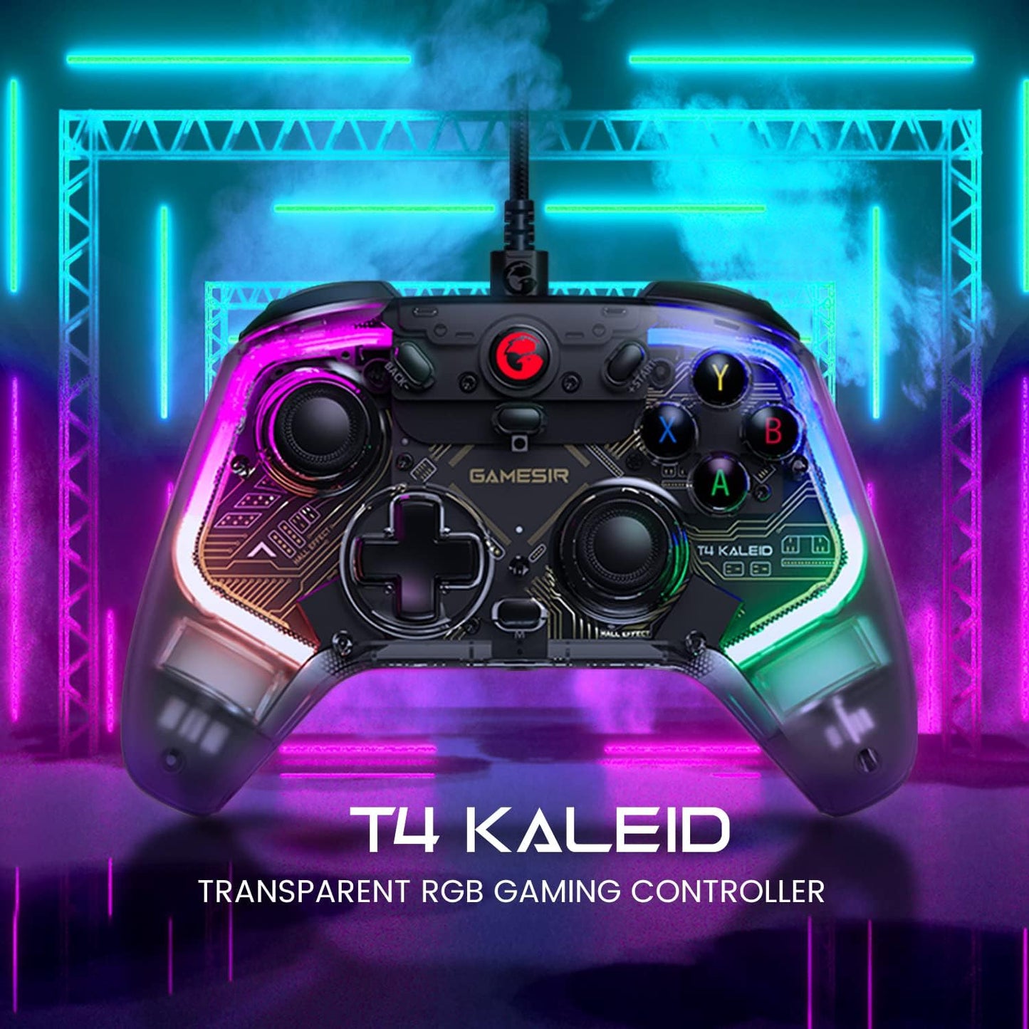 T4 Kaleid Transparent Wired Gaming Controller for Windows 10/11, Switch & Android TV Box, RGB Hue Color Lights, Gamepad PC Controller Joystick with Hall Effect Sticks /Hall Effect Triggers/Programmable/Built-in 6-axis Gyro/3.5mm Audio Jack