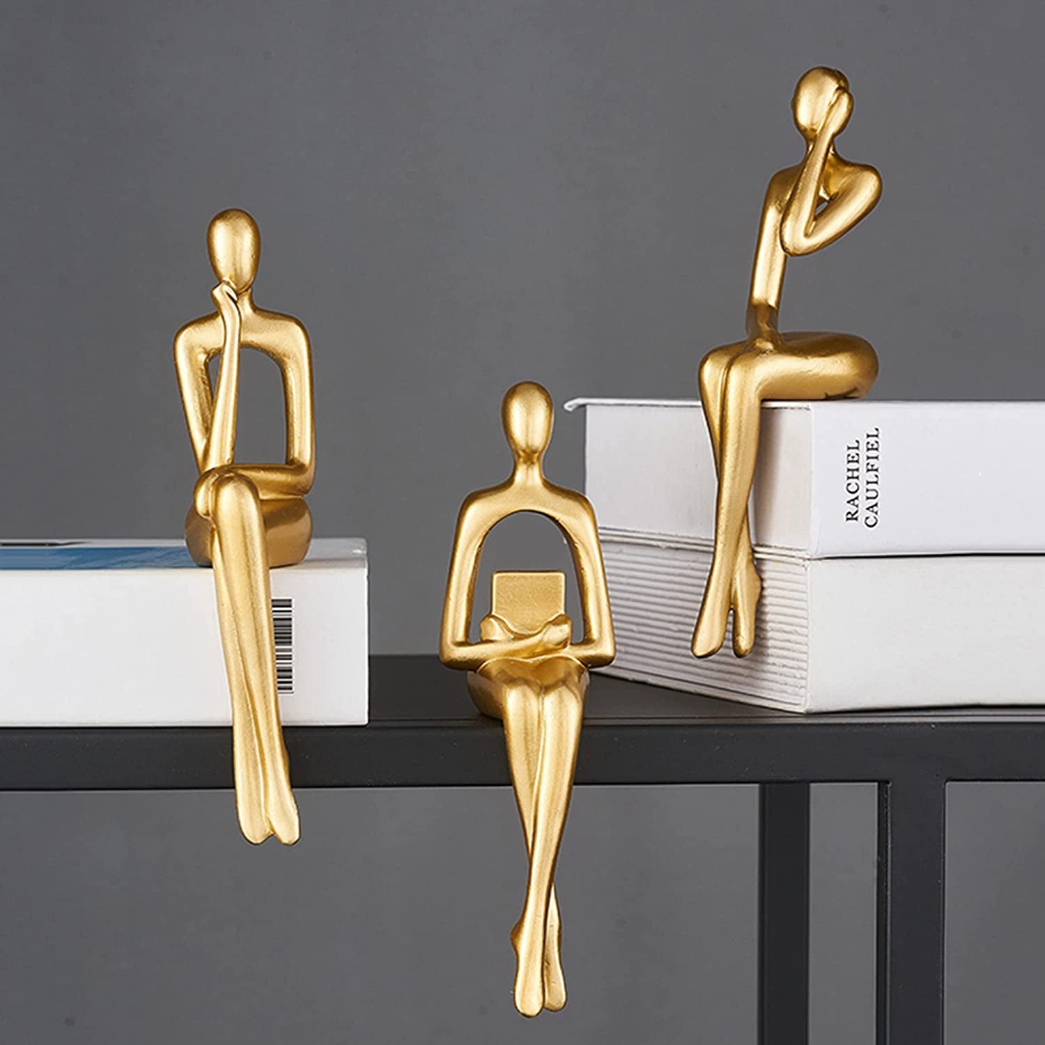 3-Piece Gold Statue Home Decor Set - Modern Figurines for Living Room, Shelf, Bookshelf, Desk, and Table Decorations.