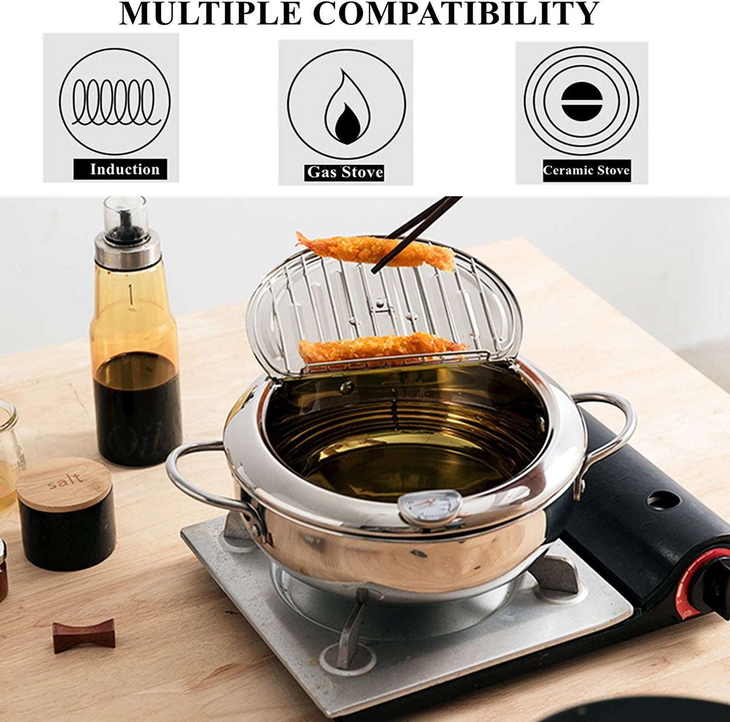 Japanese-Style Tempura Deep Fryer Pot: 304 Stainless Steel Frying Chicken Pot with Lid and Thermometer, 2.2L Capacity (Diameter: 6.5")