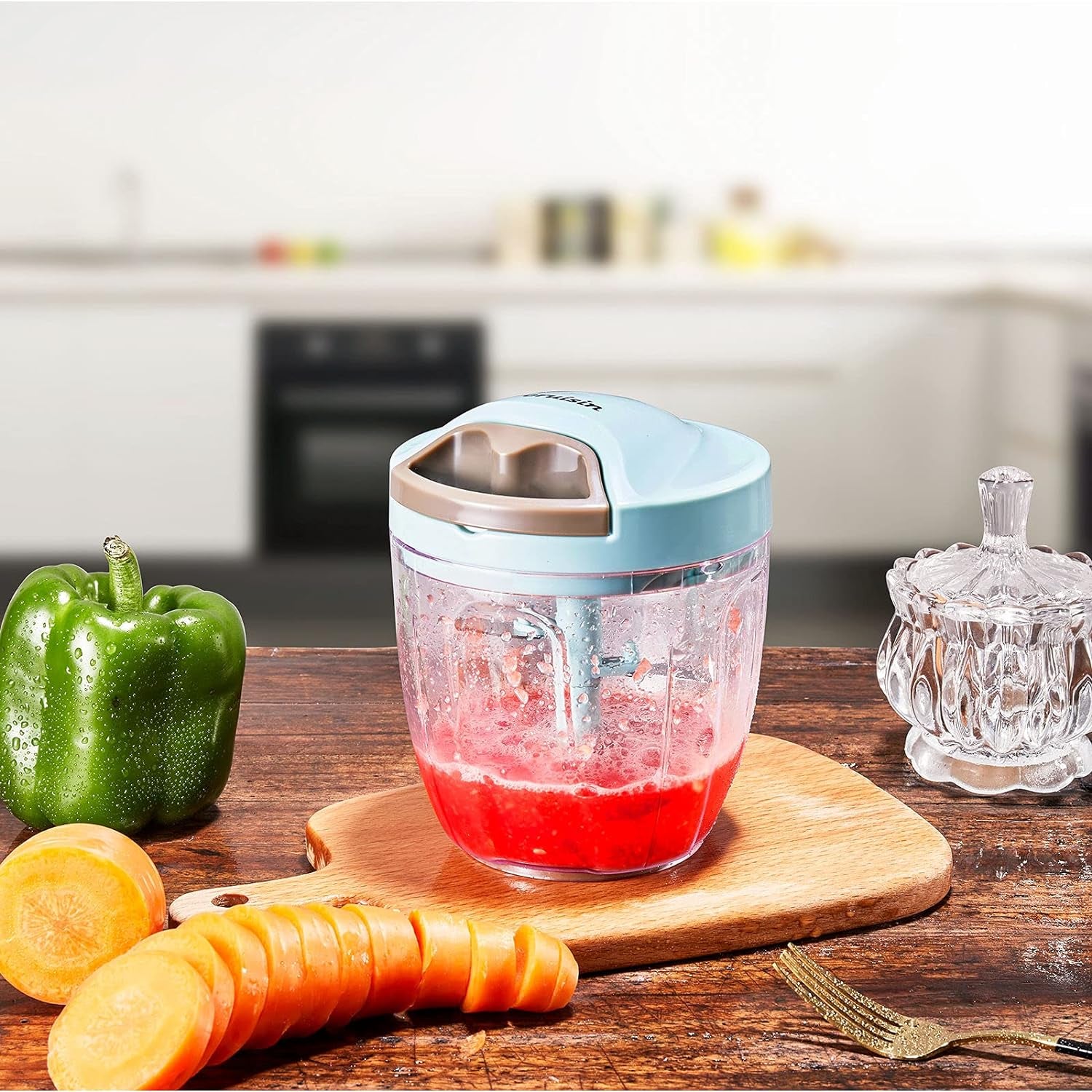 30oz Manual Food Chopper - Efficient Hand Held Vegetable Chopper/Blender for Fruits, Nuts, Herbs, Onions, Garlics, Salsa, Pesto, Coleslaw, and Puree