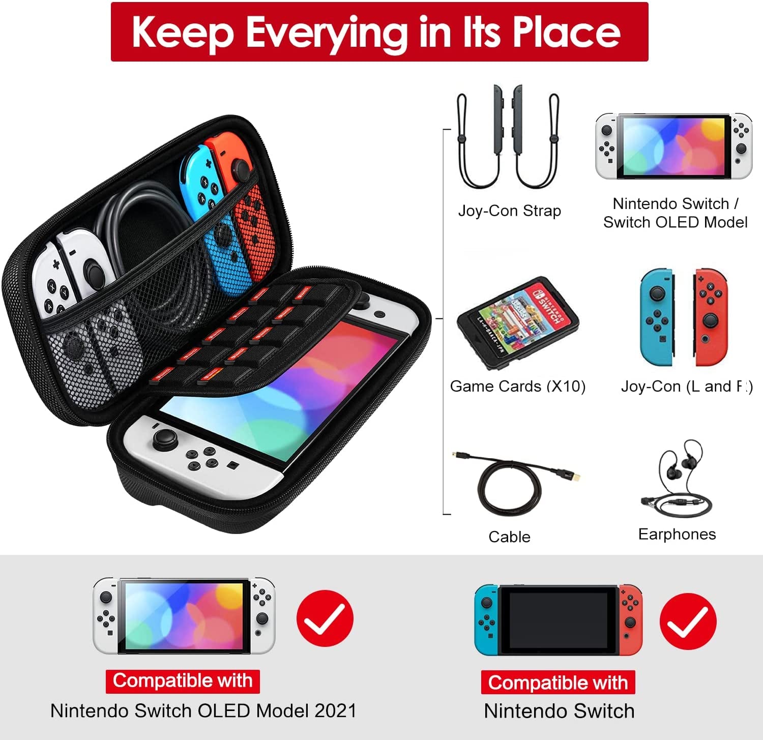Protective Carrying Case for Nintendo Switch and NEW Switch OLED Model (2021) - Portable HardShell Pouch Travel Bag for Switch Accessories, Accommodates 10 Game Cartridges