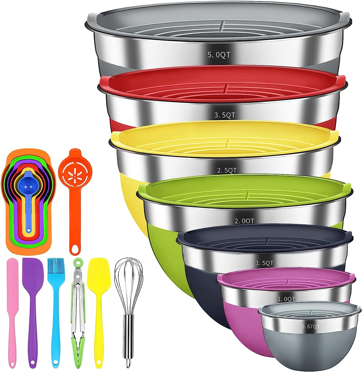 Stainless Steel Mixing Bowls with Airtight Lids - Set of 20 Colorful Nesting Salad Bowls in Various Sizes, Ideal for Mixing, Preparing, and Serving