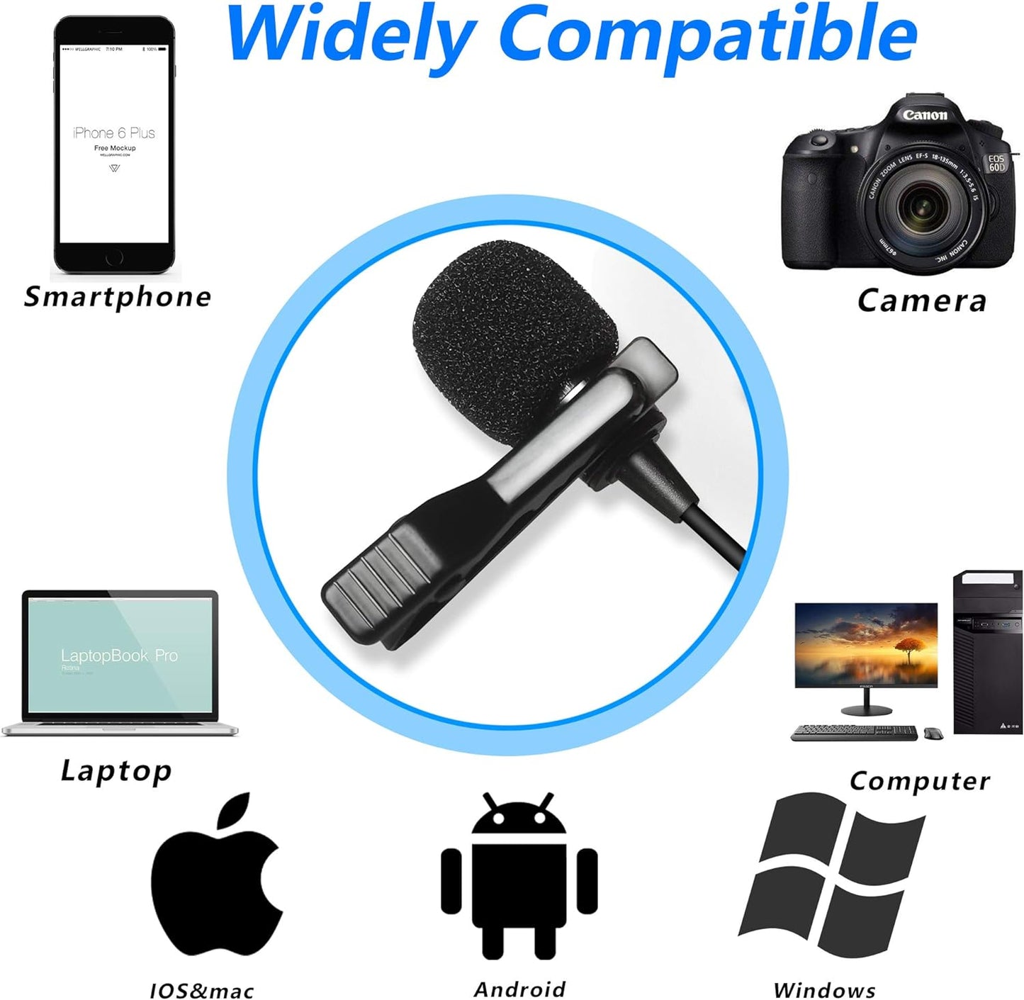 20FT Cable Lavalier Lapel Microphone with Windscreen Muff - Ideal for Phone Recording, Youtube Interviews, Video Conferences, Podcasts, Voice Dictation, iPhone DSLR Camera, Camcorders, and Audio Recording