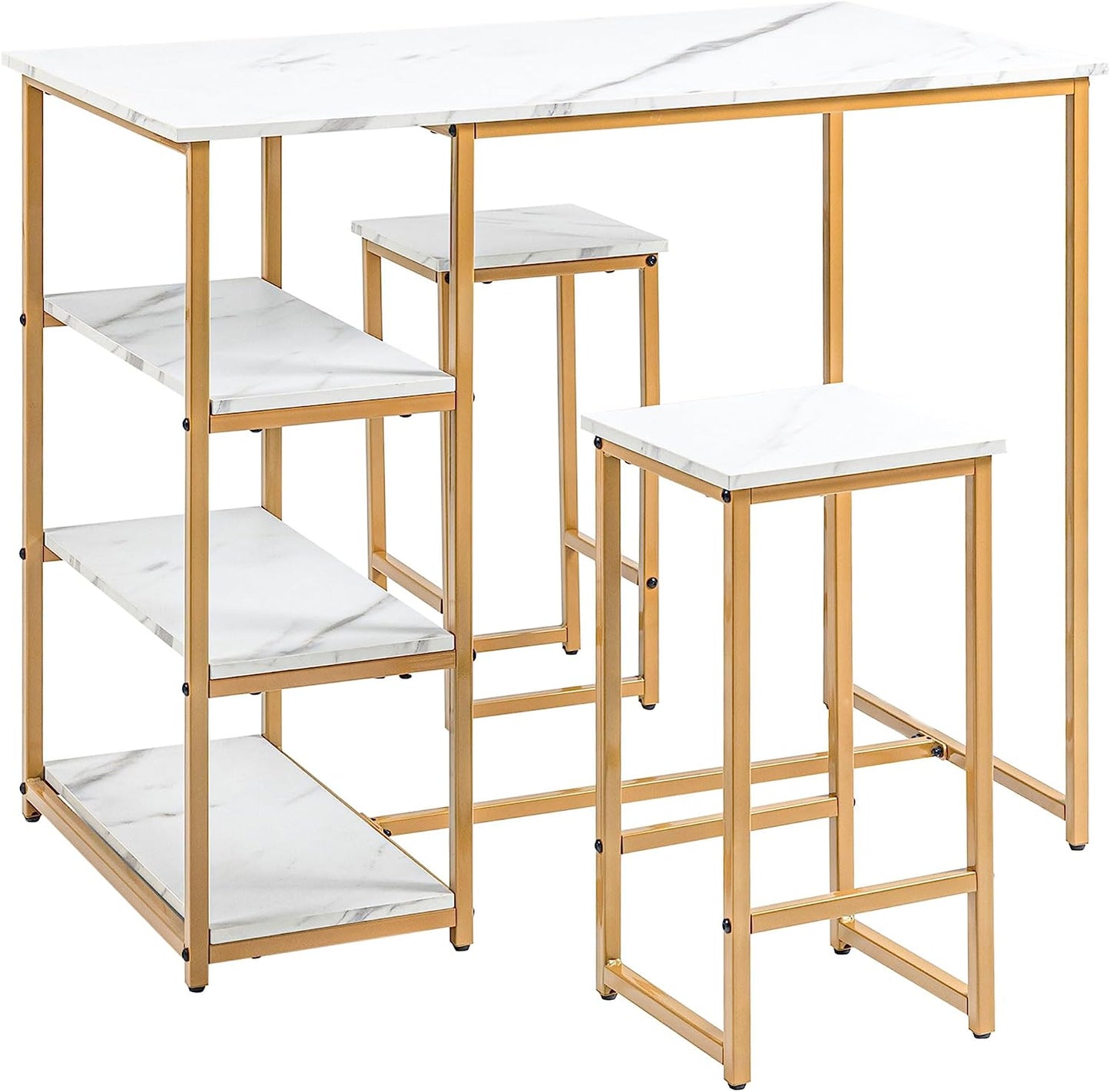 3 Piece Bar Table Set with 2 Stools, Ideal for Small Spaces, Featuring Storage Shelves and White Faux Marble Design