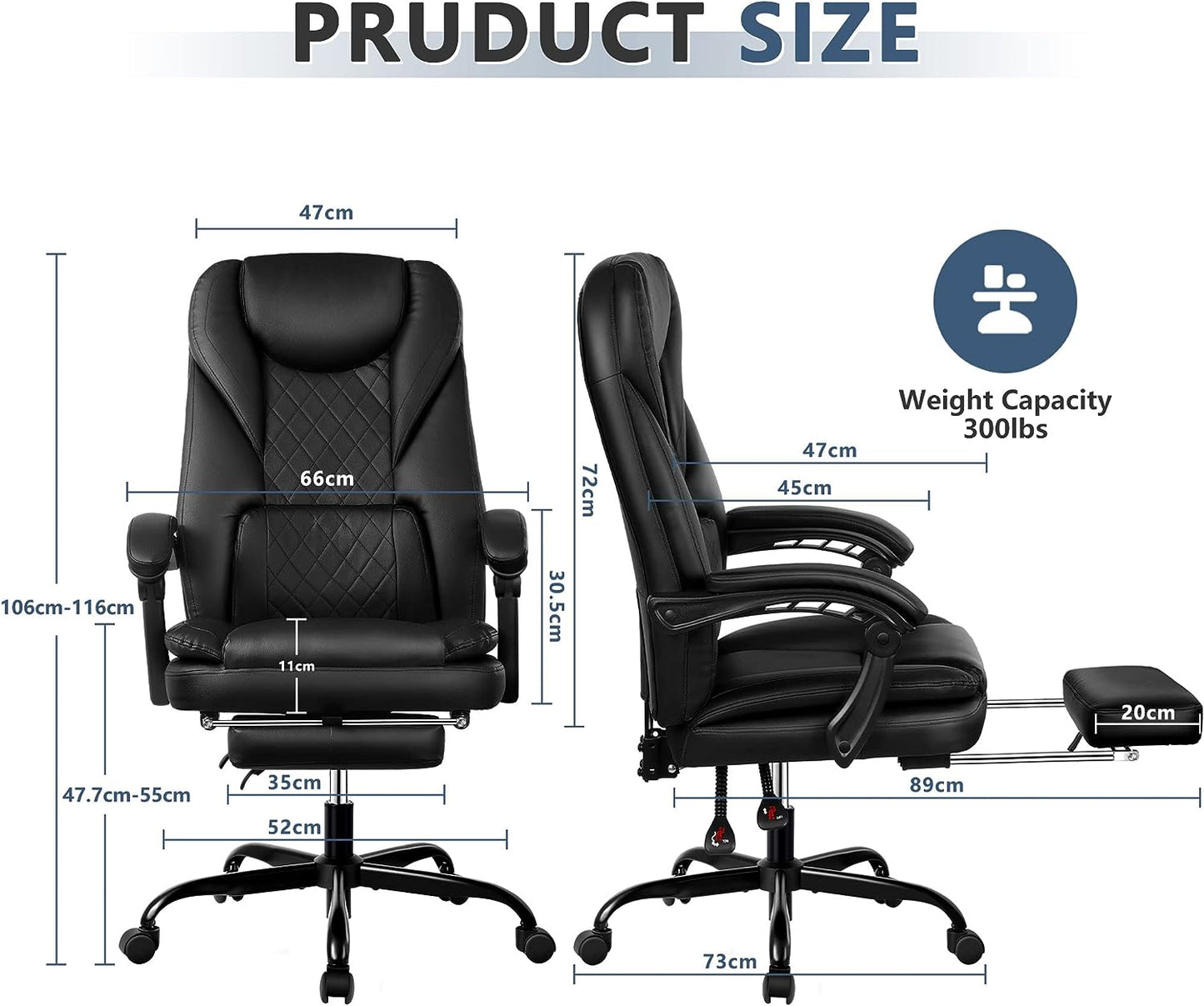 Executive Office Chair for Big and Tall Individuals - Features a Reclining Leather Chair with a Footrest, High Back, Lumbar Support, Ergonomic Design, and Padded Armrests, Suitable for Home Office Use. Available in Black.