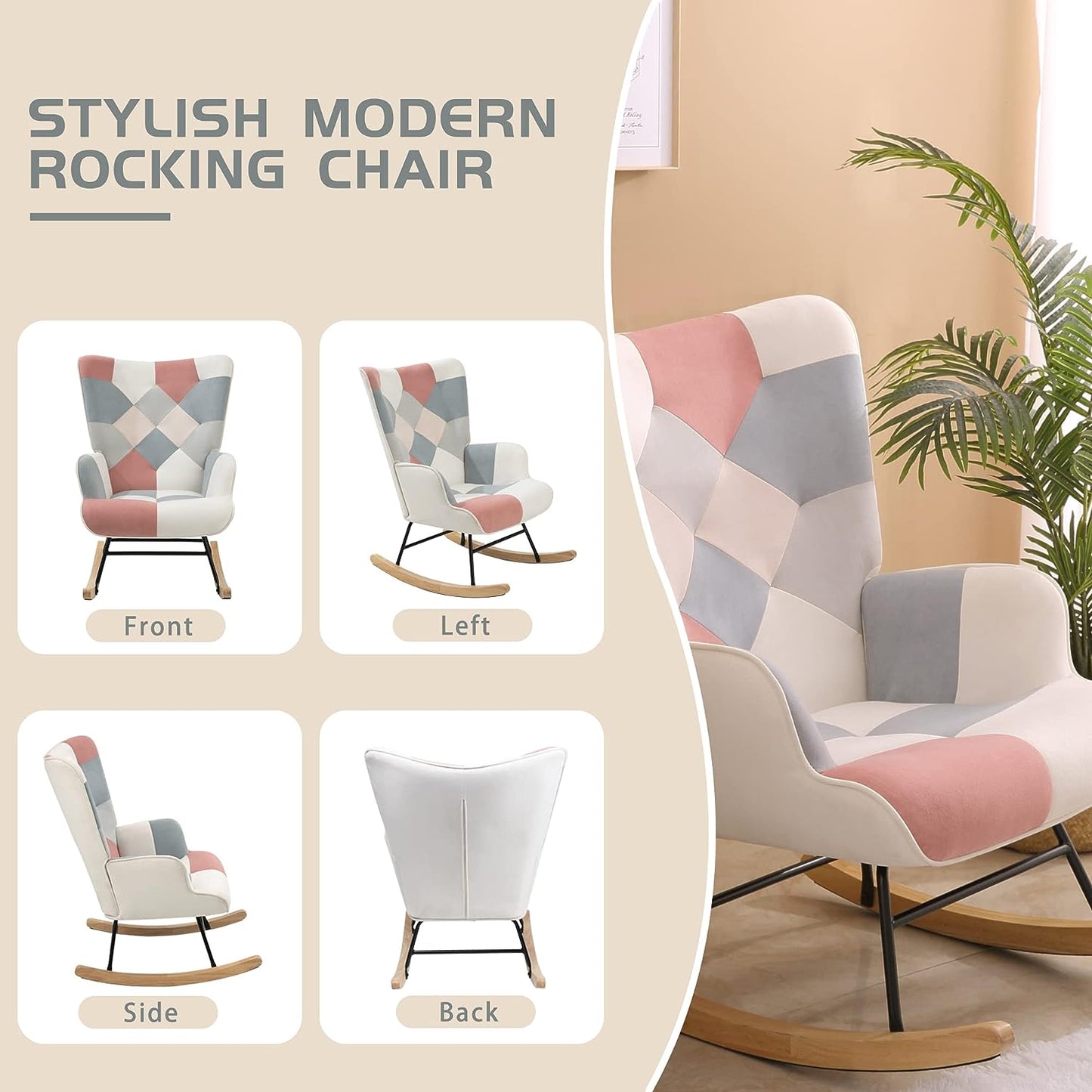 Accent Rocking Chair With Wooden Legs - Mid Century Fabric Rocker  Patchwork Linen for Livingroom Bedroom, Pink