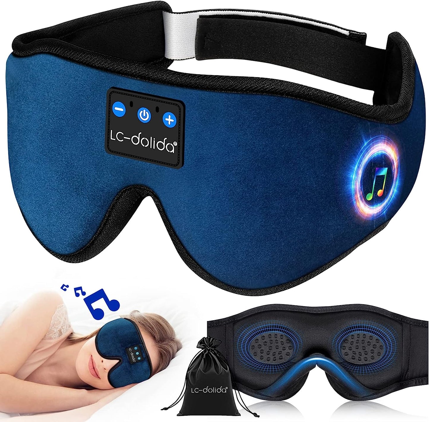 3D Sleep Mask Headphones, Bluetooth Sleeping Eye Masks, Ultra-Thin HD Stereo Speakers Wireless Sleep Headphones for Yoga, Insomnia, Over-Ear Earbuds, Cool Tech Gadget Gifts for Women in Dark Blue