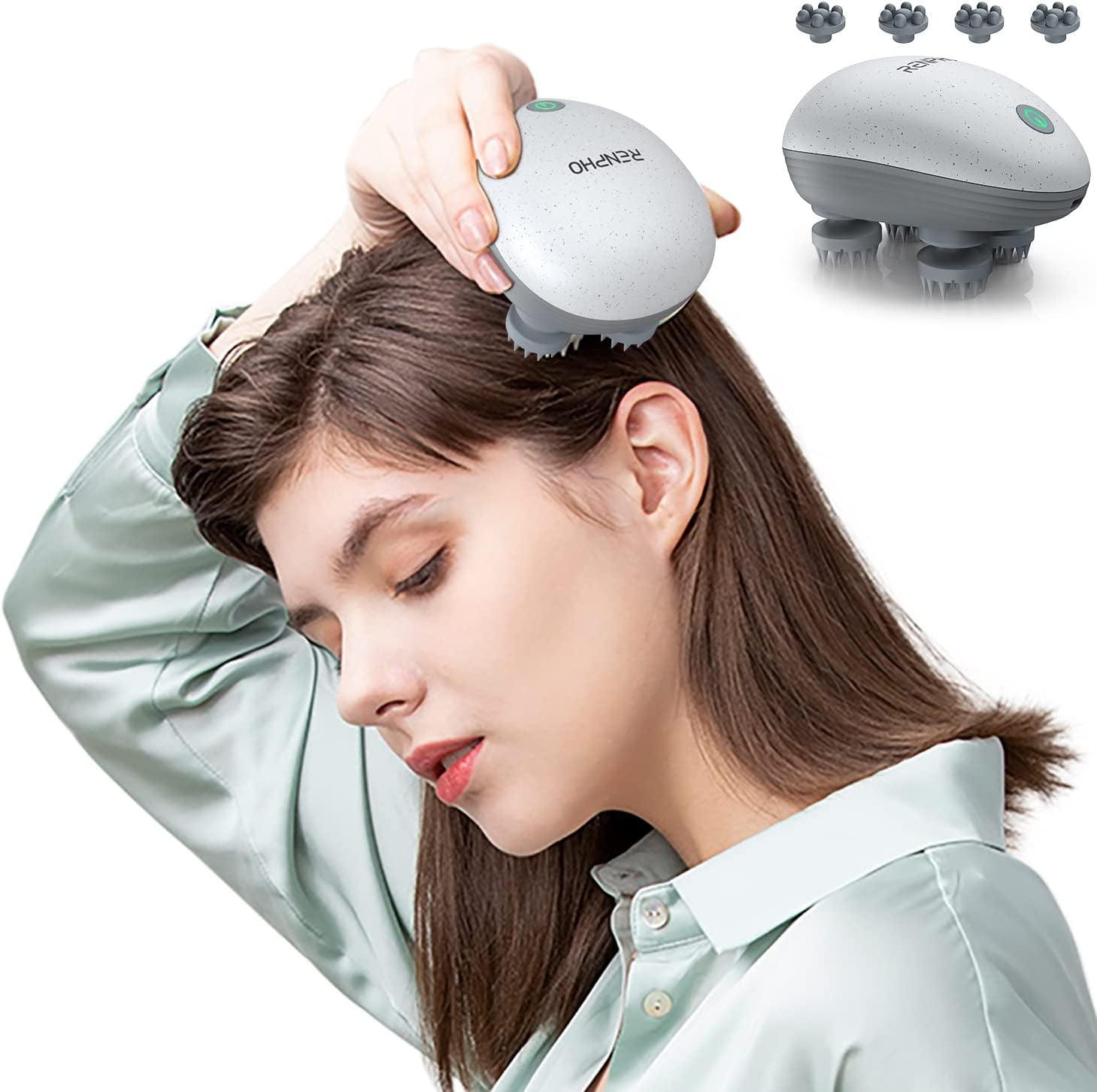Waterproof Electric Scalp Massager: Portable Head Massager with 4 Replacement Massage Heads for Stress Relief, Deep Cleaning, and Full Body Massage