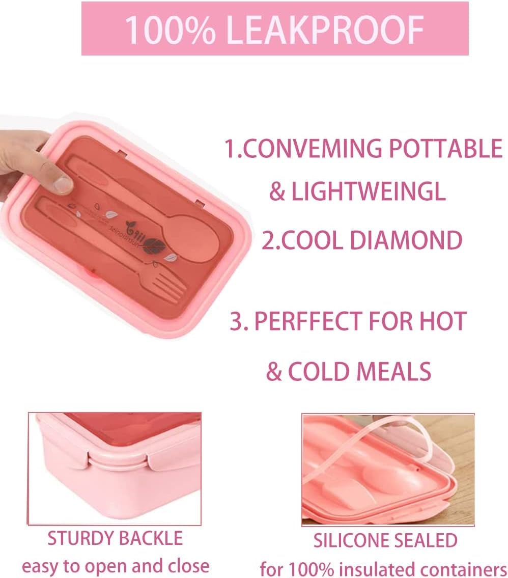 Bento Lunch Boxes for Adults and Kids - 1100 ML Capacity - Includes Spoon & Fork - Durable and Leak-Proof Design for On-The-Go Meals - Made from BPA-Free and Food-Safe Materials - Pink Color.