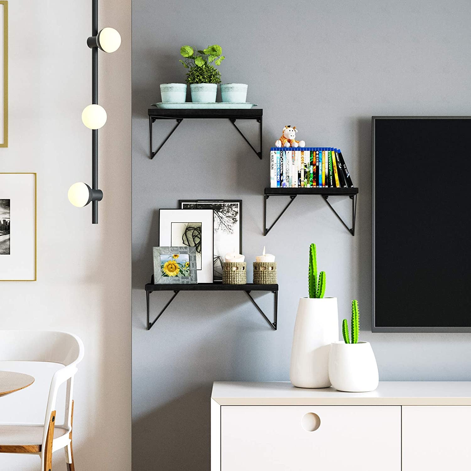 Set of 3 Rustic Wood Wall Mounted Floating Shelves - Ideal for Bedroom, Bathroom, Living Room, Kitchen in Black
