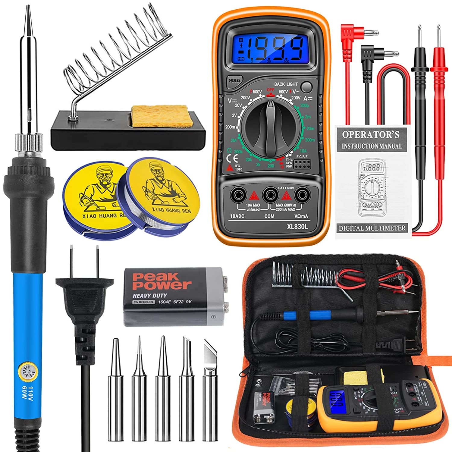 Electronics Tool Kit: Digital Multimeter, 60W Soldering Iron, 5 Soldering Iron Tips, 2 Solder Wire Rolls, Soldering Iron Stand, PU Carry Bag, and Battery Included