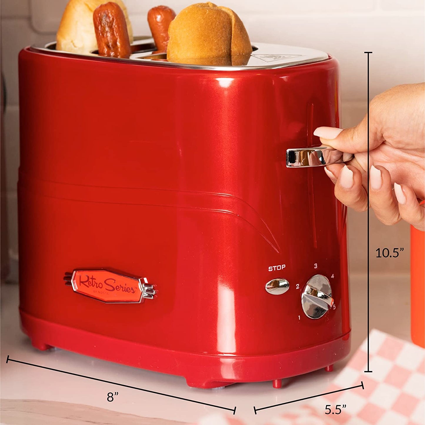 Retro Red 2-Slot Hot Dog and Bun Toaster with Mini Tongs: Perfect for Toasting Hot Dogs, Chicken, Turkey, Veggie Links, Sausages, and Brats