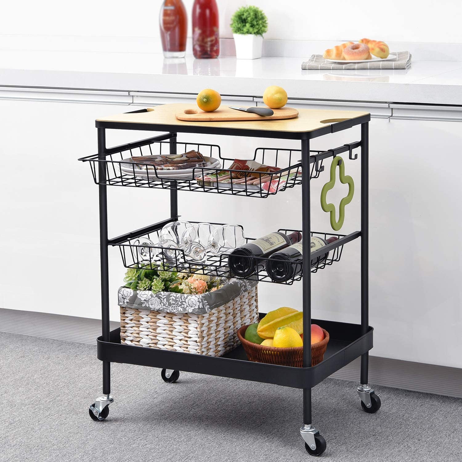 4-Tier Rolling Storage Cart, Kitchen Island Serving Cart: Features Utility Wood Tabletop, 2 Basket Drawers, and Universal Lockable Casters - Ideal for Home, Dining Room, Office, Restaurant, or Hotel Use