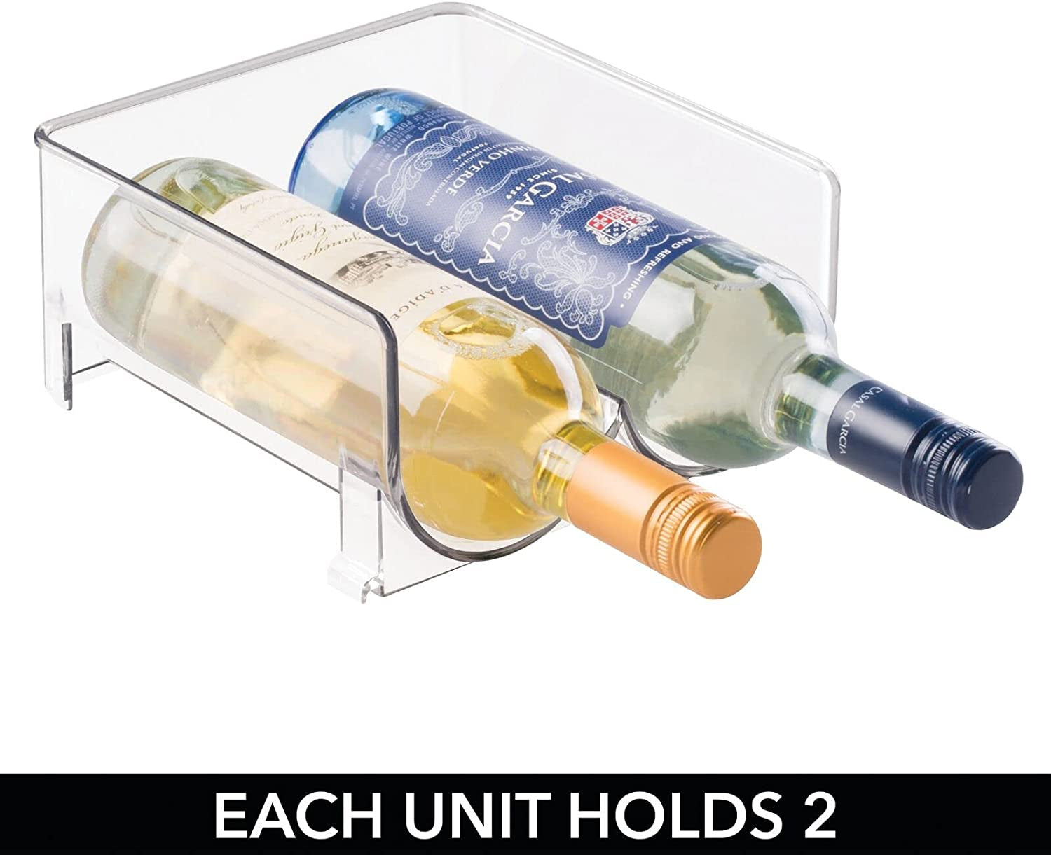 Plastic Free-Standing Wine Rack Storage Organizer: Designed for Kitchen Countertops, Table Tops, Pantry, and Fridge - Holds Wine, Beer, Pop/Soda, Water Bottles - Stackable, Each Rack Holds 2 Bottles, Comes in a Pack of 2 in Clear.