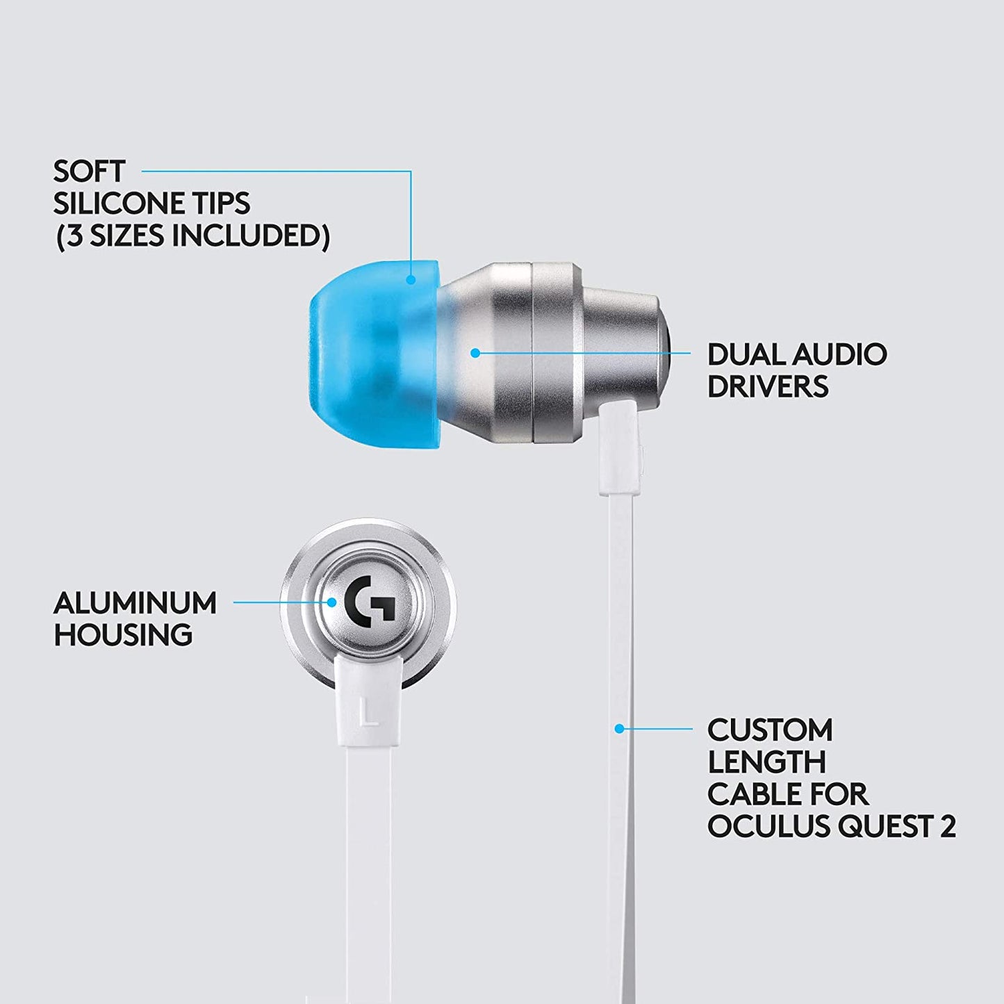 Oculus Quest 2 VR Gaming Earphones - Custom-Length Cable and Straps, Dual Driver Audio, Durable Aluminum Housing, Low-Latency 3.5mm Aux, Oculus Ready