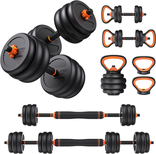 Adjustable Dumbbells - Free Weight Set of 50/90lbs with Connector. This 4-in-1 Dumbbell Set can be Used as Barbell, Kettlebells, and Push-up Stand for Versatile Fitness Exercises at Home Gym. Suitable for Men and Women.